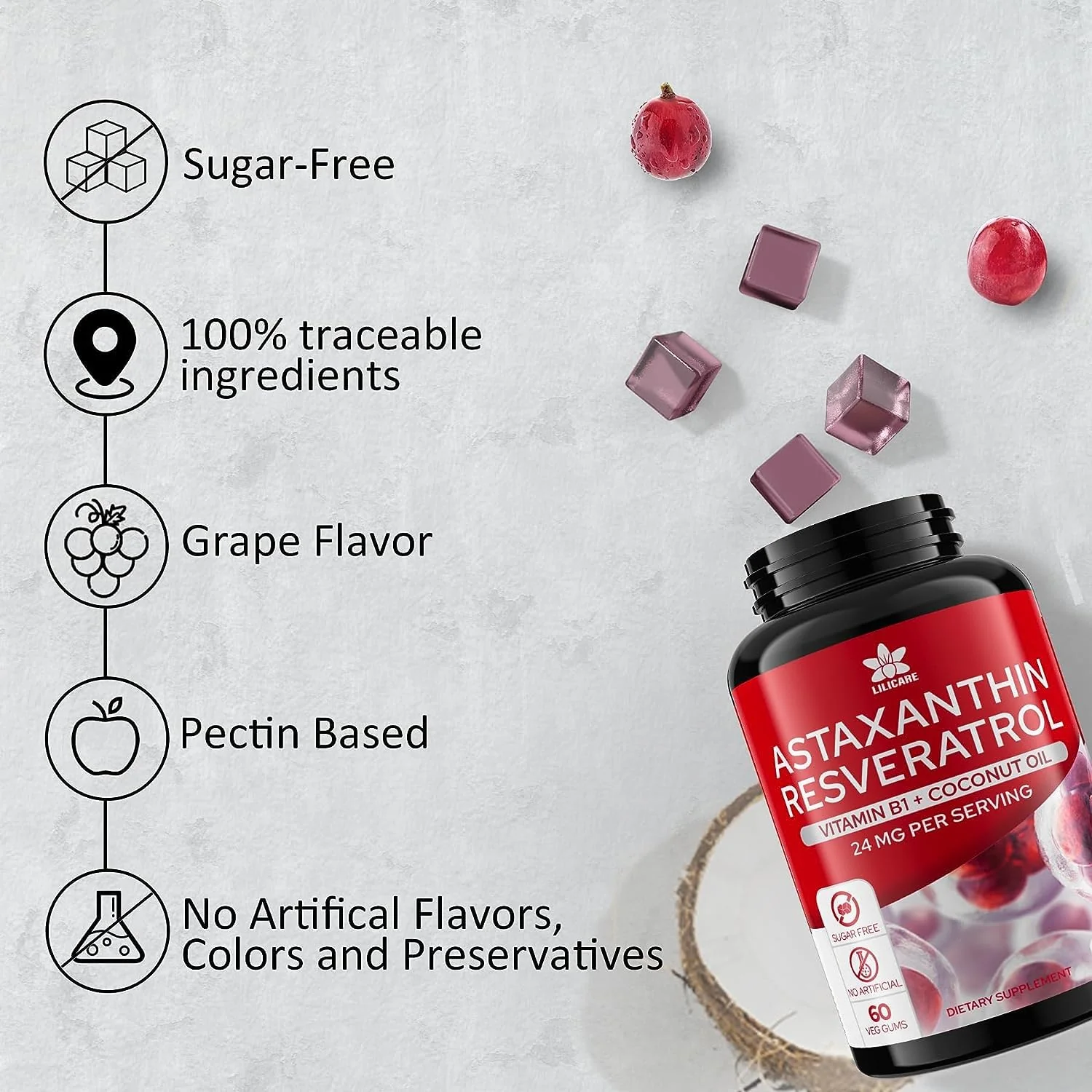 Astaxanthin Supplements 24mg Gummies with Resveratrol, Vitamin B1, Coconut Oil - Algae Organic Antioxidants for Men & Women Healthy Aging, Skin, Eyes, Immune - Vegan, Sugar-Free, Non-GMO, 120 Servings - Image 4