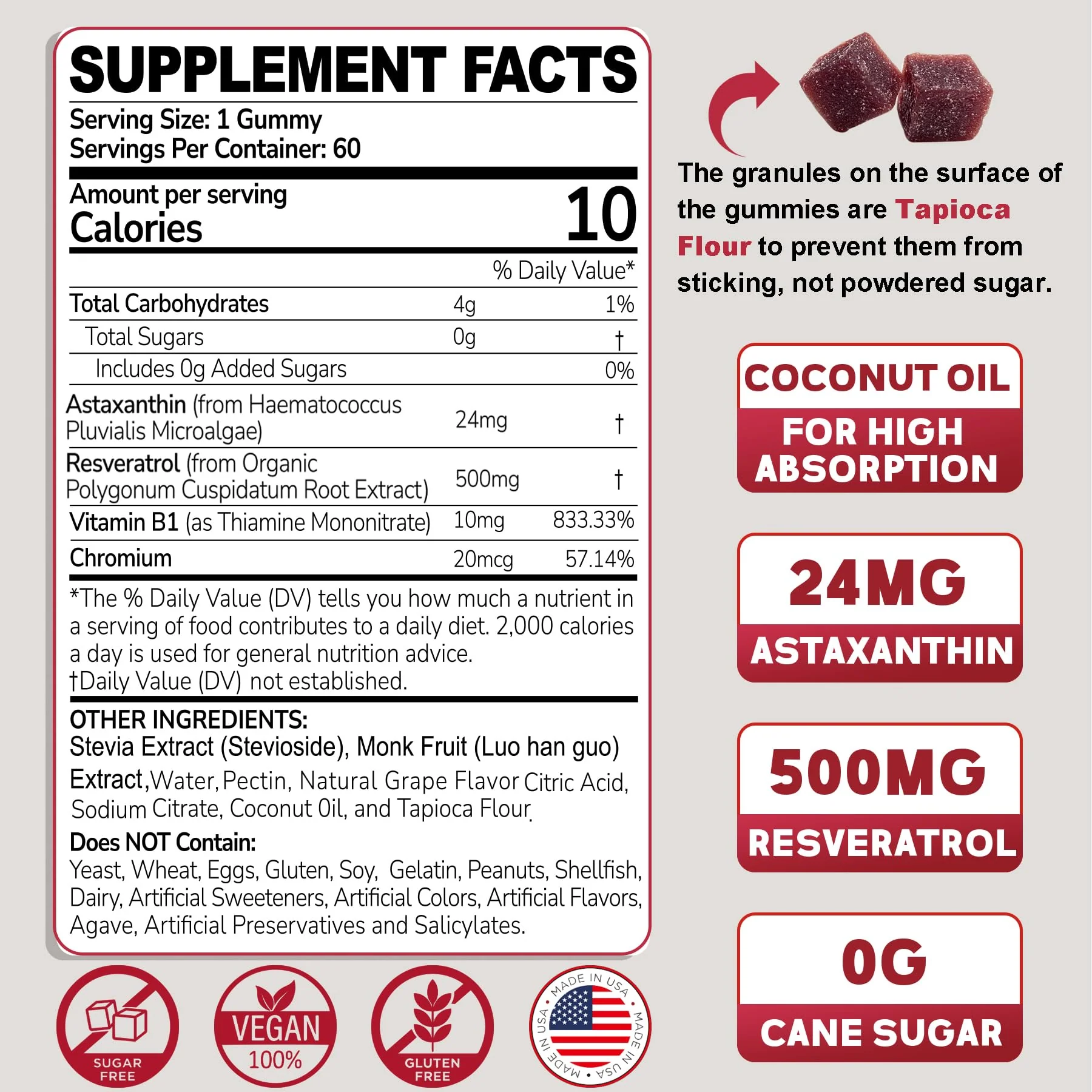 Astaxanthin Supplements 24mg Gummies with Resveratrol, Vitamin B1, Coconut Oil - Algae Organic Antioxidants for Men & Women Healthy Aging, Skin, Eyes, Immune - Vegan, Sugar-Free, Non-GMO, 120 Servings - Image 9