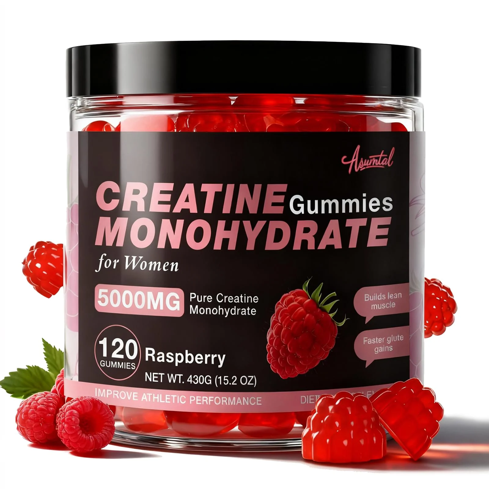 Asumtal Creatine for Women 5000 MG, Creatine Gummies, Creatine Monohydrate Supplement for Muscle Growth, Strength & Energy Support, Sugar Free Pre Workout Gummies 120 Count Raspberry Flavor