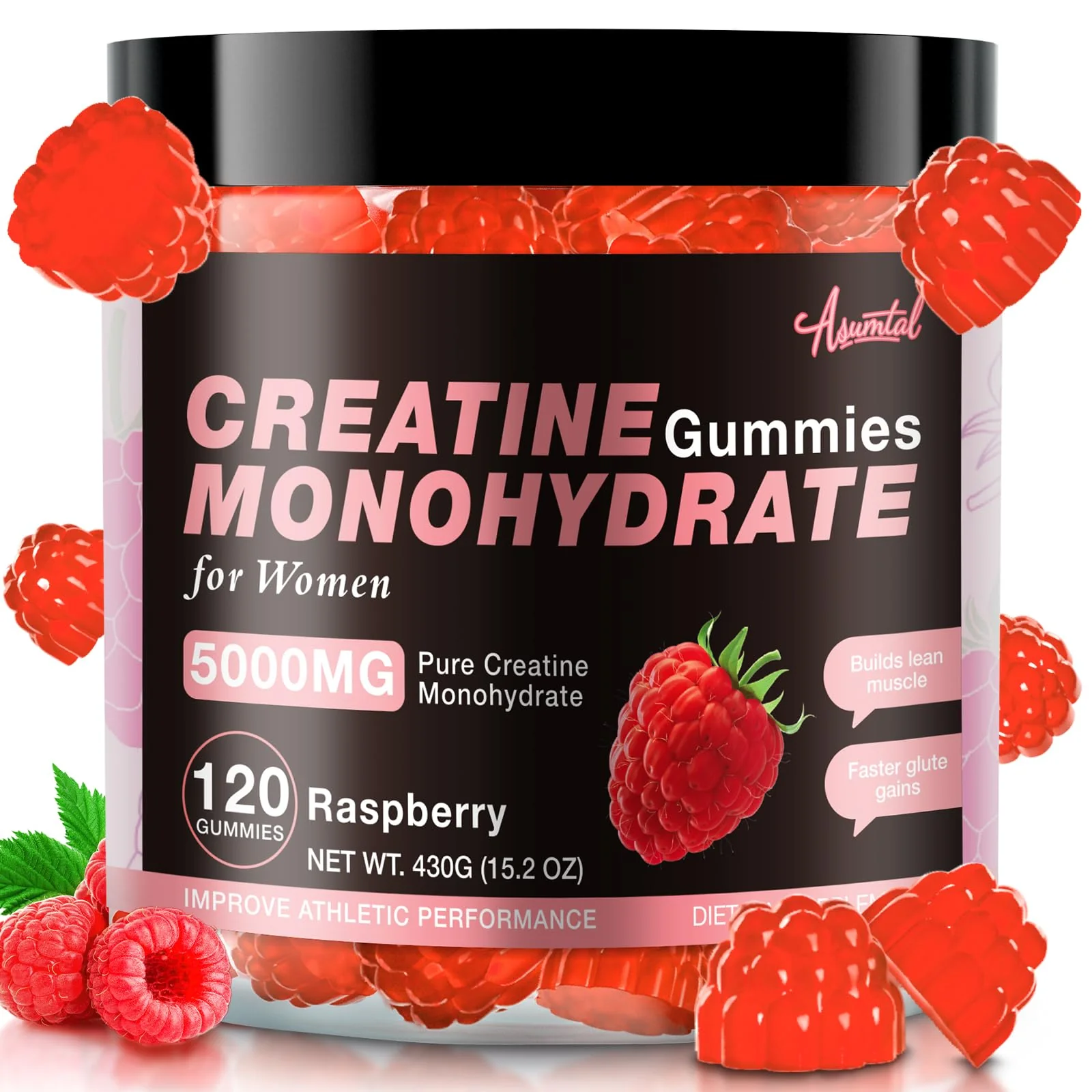 Asumtal Creatine for Women 5000 MG, Creatine Gummies, Creatine Monohydrate Supplement for Muscle Growth, Strength & Energy Support, Sugar Free Pre Workout Gummies 120 Count Raspberry Flavor - Image 2