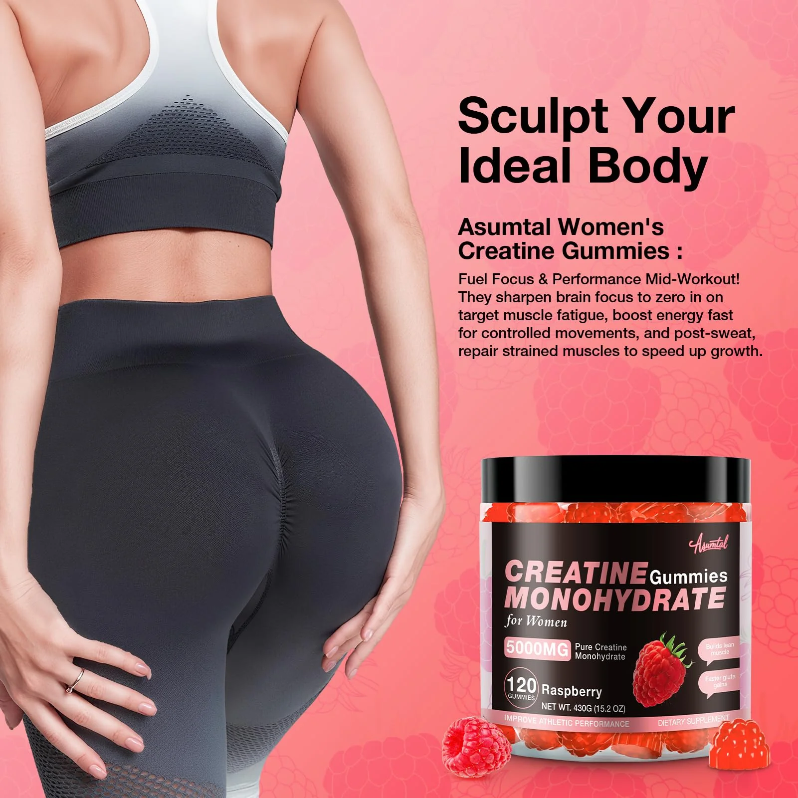 Asumtal Creatine for Women 5000 MG, Creatine Gummies, Creatine Monohydrate Supplement for Muscle Growth, Strength & Energy Support, Sugar Free Pre Workout Gummies 120 Count Raspberry Flavor - Image 7