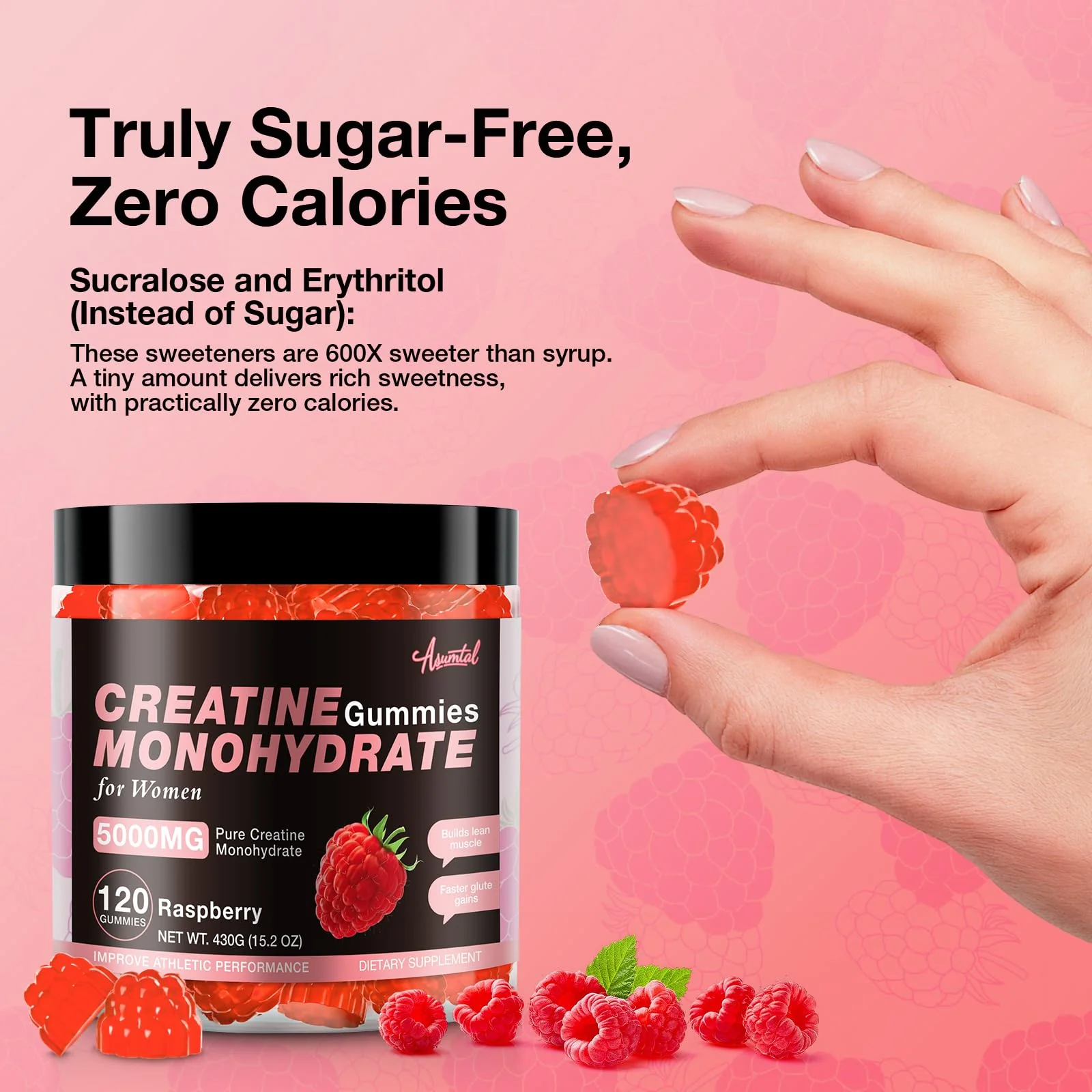 Asumtal Creatine for Women 5000 MG, Creatine Gummies, Creatine Monohydrate Supplement for Muscle Growth, Strength & Energy Support, Sugar Free Pre Workout Gummies 120 Count Raspberry Flavor - Image 8