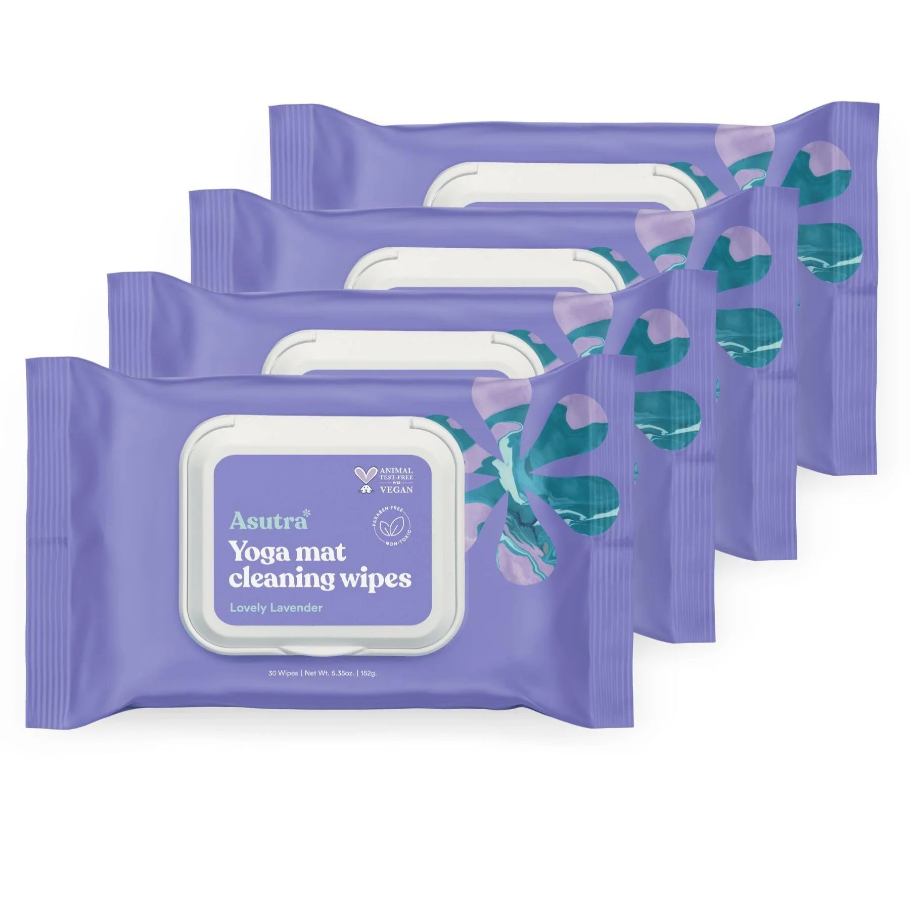 ASUTRA Yoga Mat Cleaning Wipes (Lovely Lavender), 4 Pouches (30 Wipes Each) - No Slippery Residue, Deep-Cleansing for Fitness Gear & Gym Equipment