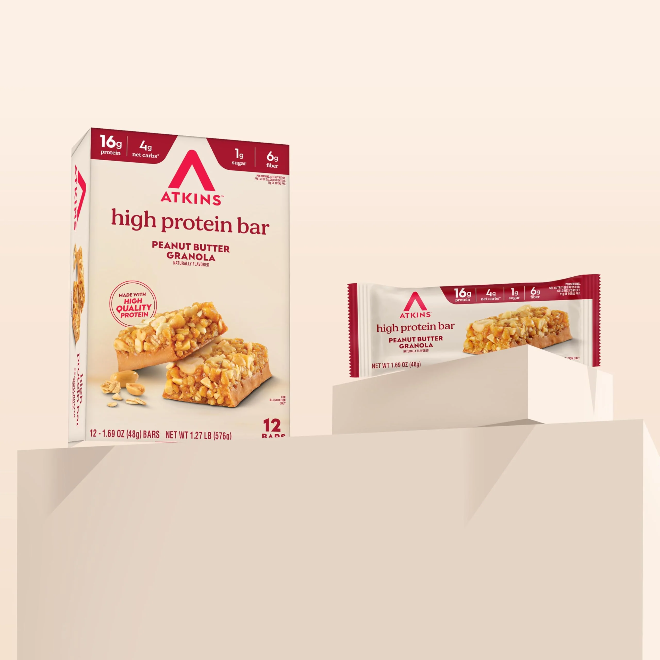 Atkins Peanut Butter Granola High Protein Bar, High Fiber Snack , 16g Protein, 1g Sugar, 4g Net Carb, Protein Snack, 12 Count - Image 6