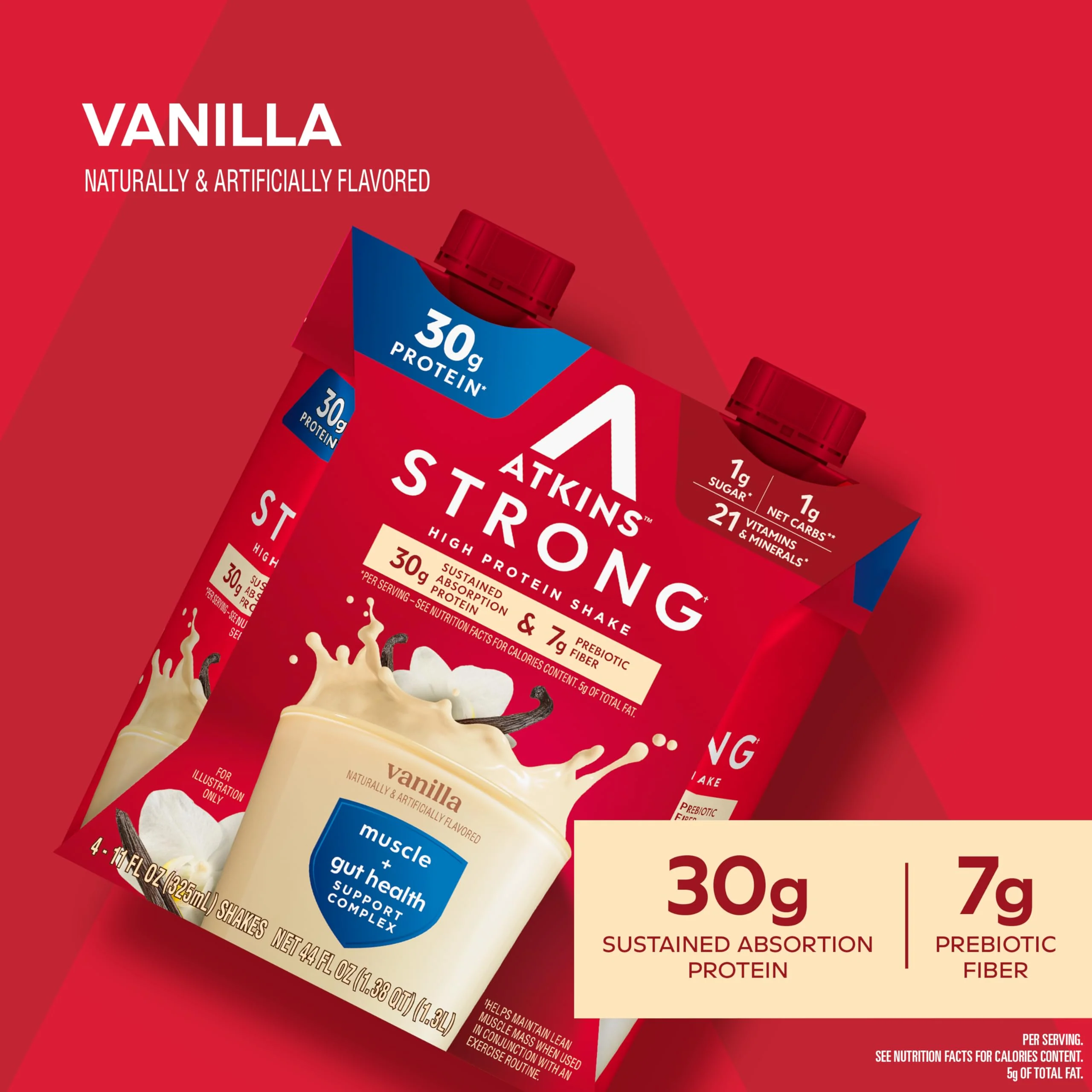 Atkins Strong High Protein Shake,Vanilla Flavored,30g Protein,Low Carb and Low Sugar Shake,Keto Friendly,Gluten Free,Muscle and Gut Health Support Complex,(Pack of 24) - Image 2