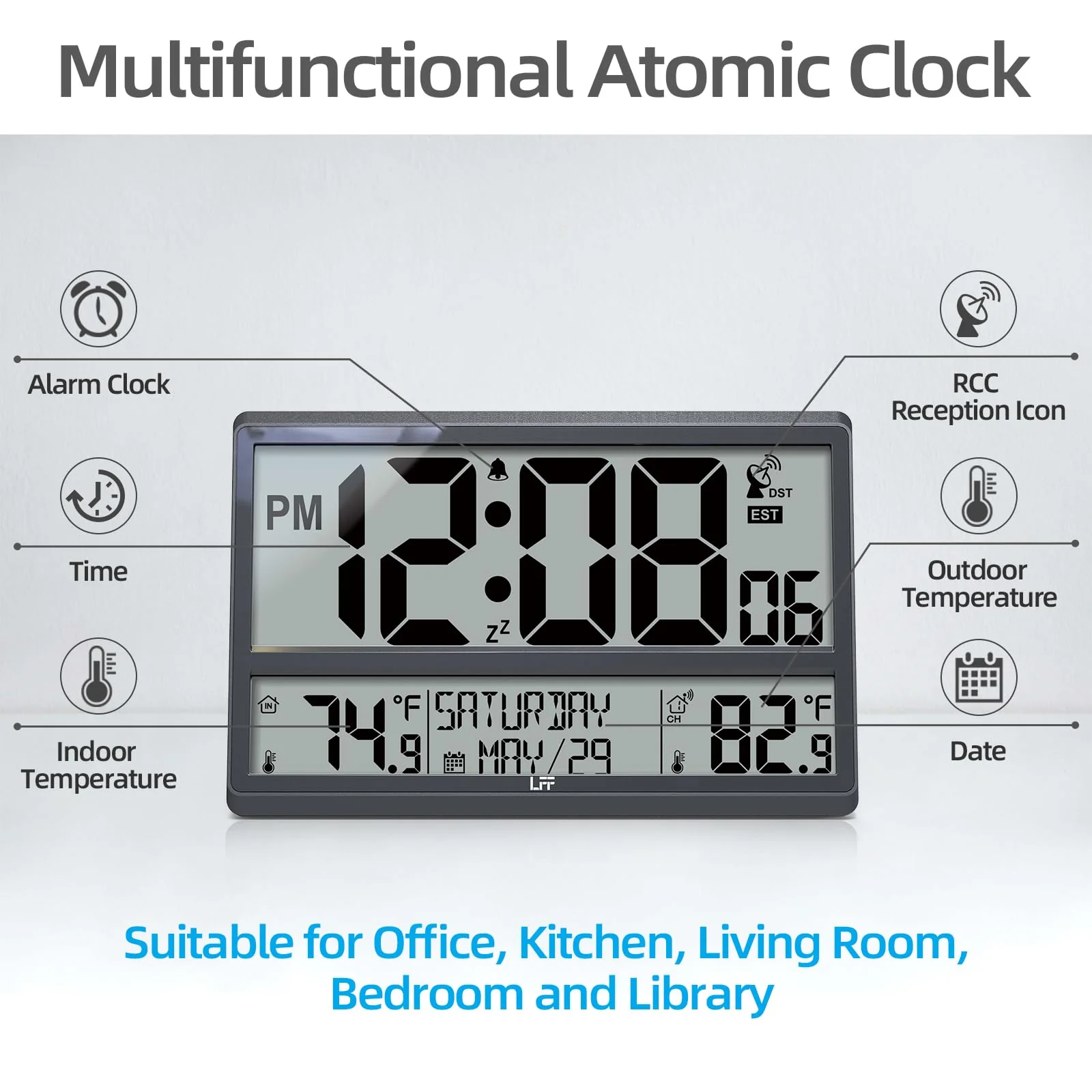 Atomic Clock/Never Needs Setting, Battery Operated, Atomic Wall Clock with Indoor Temperature & Humidity, Wireless Outdoor Sensor, Large Display Digital Calendar Clock for Elderly, Office, Bedroom - Image 7