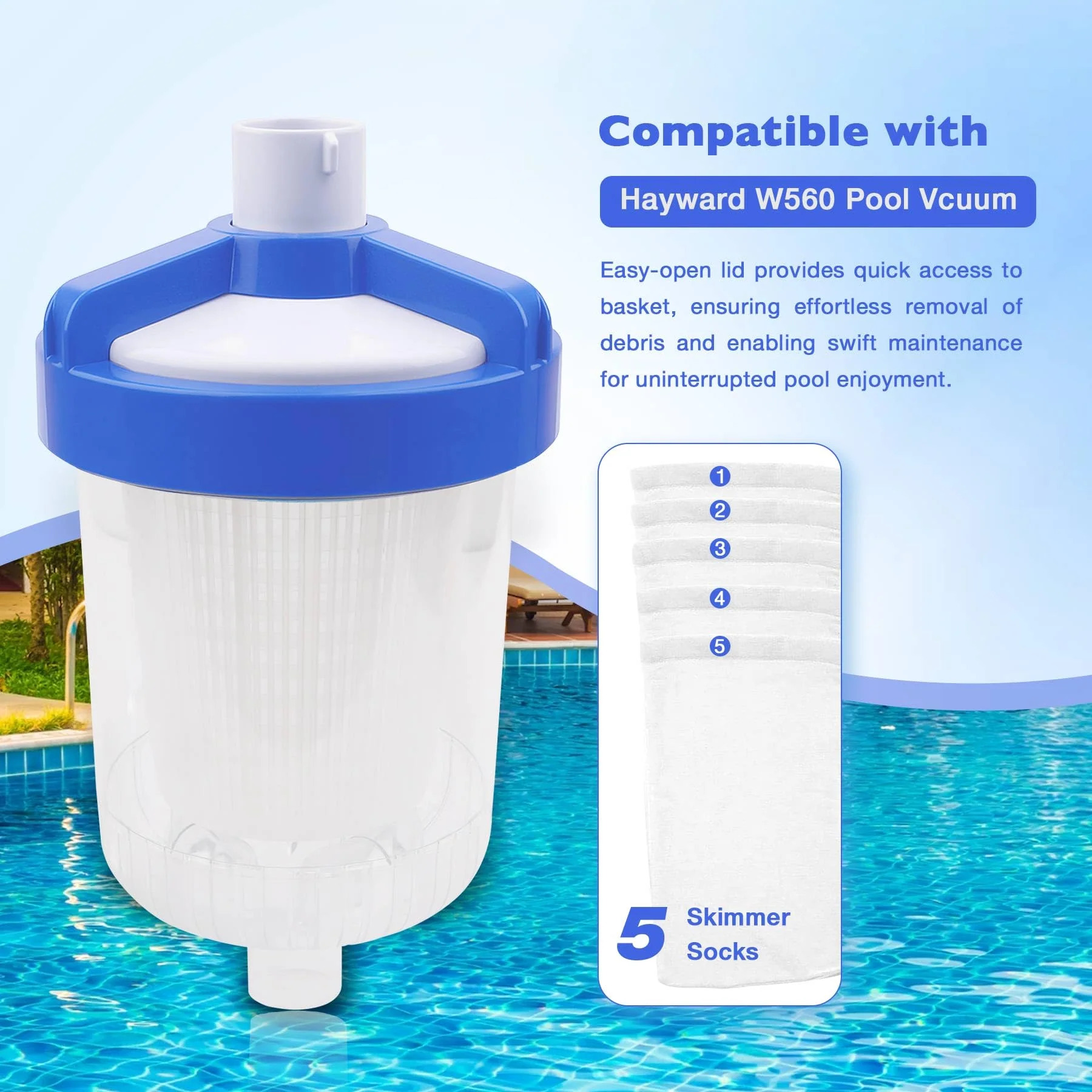 ATRACYPART Inline Leaf Catcher Canister for Pool Vacuum Compatible with Hayward W560 PoolVac Navigator Standard, Durable Leaf Trap Filter with White Basket, 5 Pcs Skimmer Socks - Image 6
