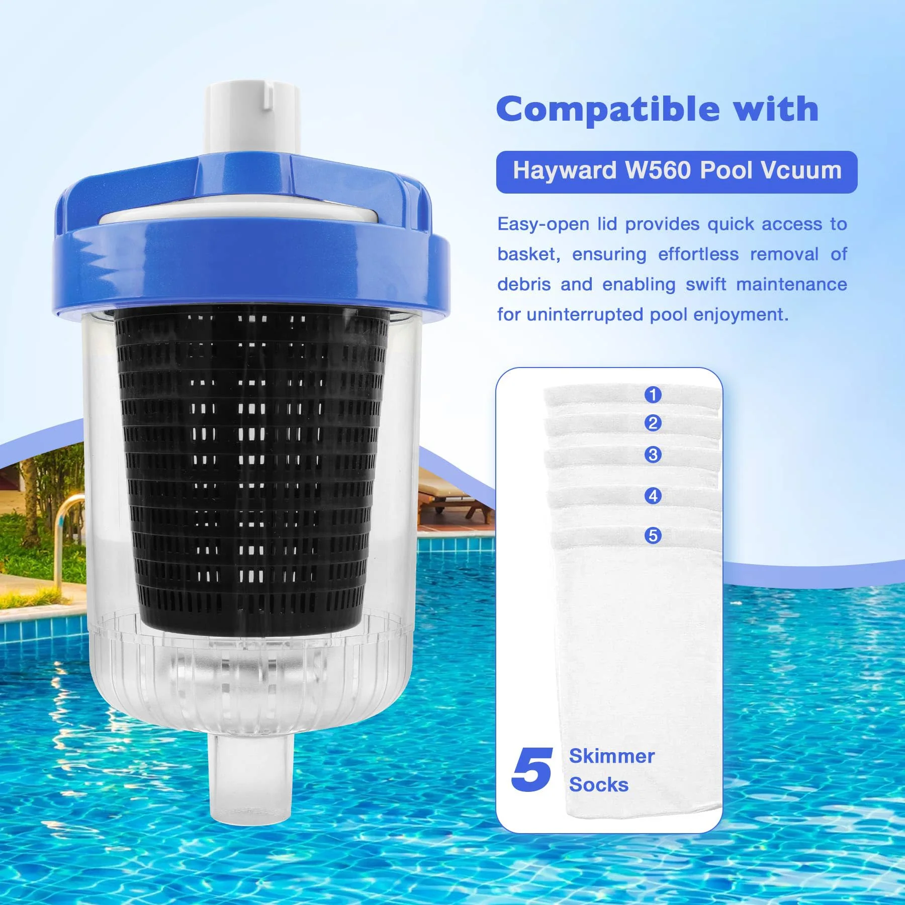 ATRACYPART Inline Pool Leaf Canister Compatible with Hayward W560 PoolVac Navigator Standard, Leaf Catcher Filter with Strainer Basket and 5 Skimmer Socks - Image 6