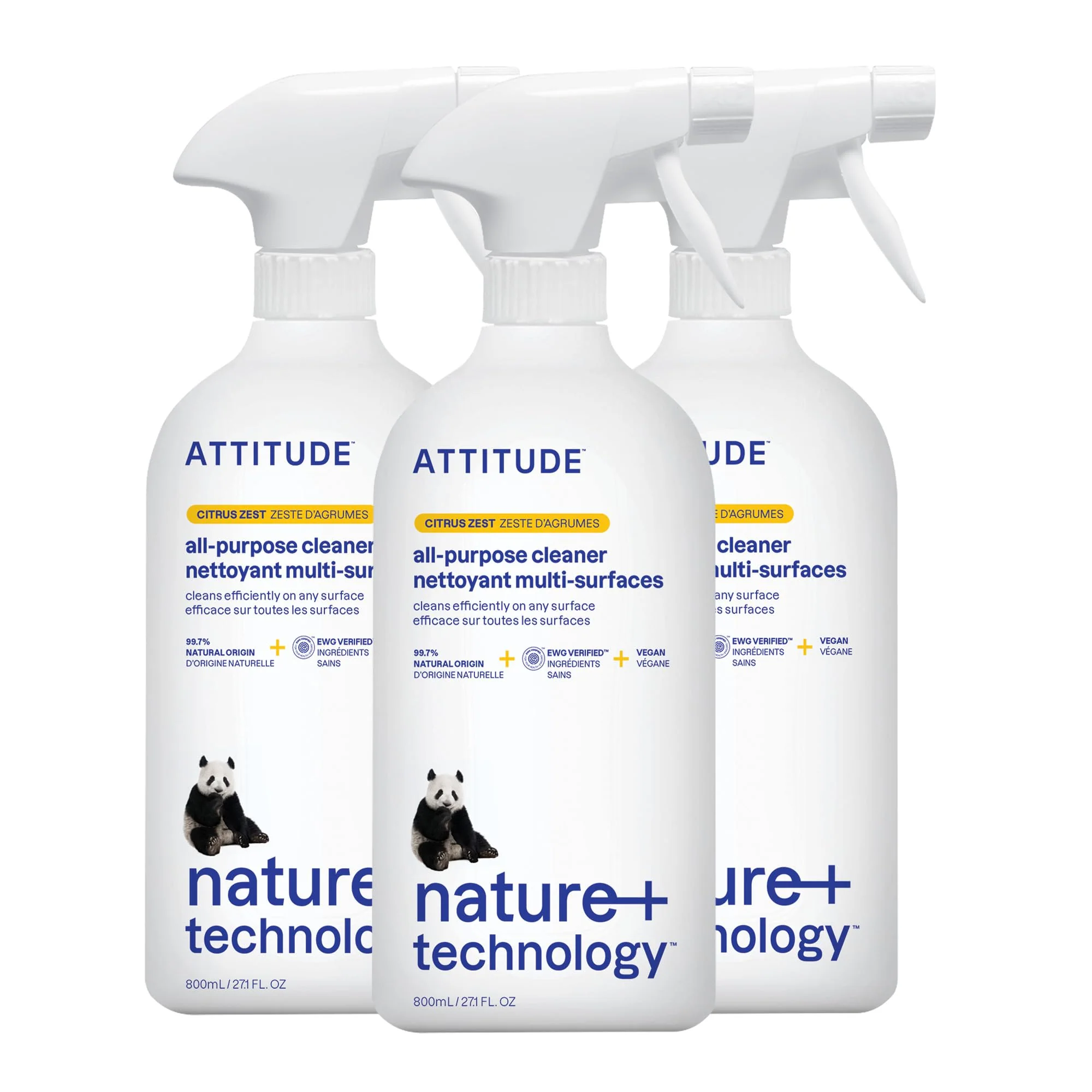 ATTITUDE All Purpose Cleaner Spray, EWG Verified, Vegan, Made with 94% Plant-Based Ingredients, Streak-Free for Kitchen, Bathroom, Glass & More, Citrus Zest, 27.1 Fl Oz (Pack of 3)