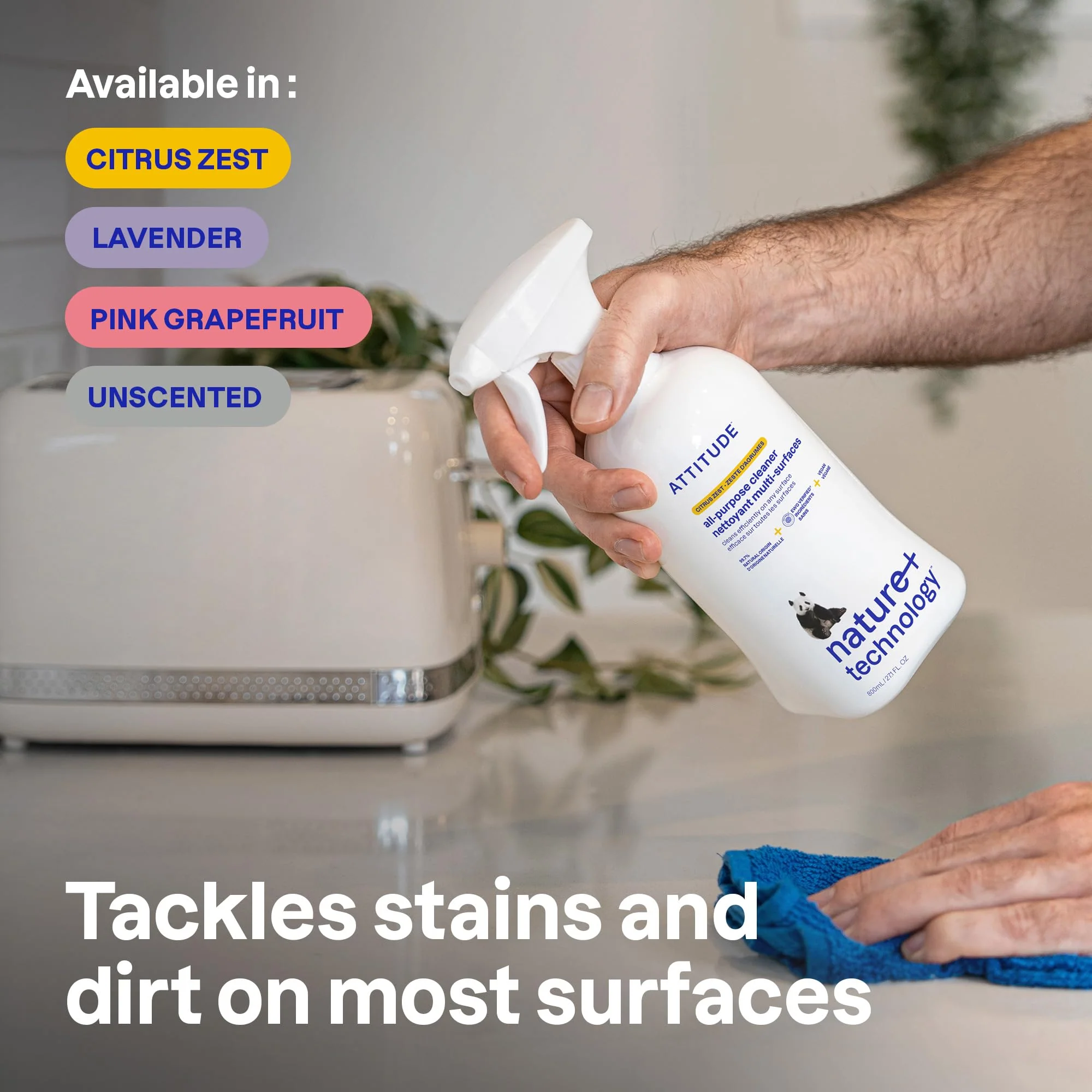 ATTITUDE All Purpose Cleaner Spray, EWG Verified, Vegan, Made with 94% Plant-Based Ingredients, Streak-Free for Kitchen, Bathroom, Glass & More, Citrus Zest, 27.1 Fl Oz (Pack of 3) - Image 7