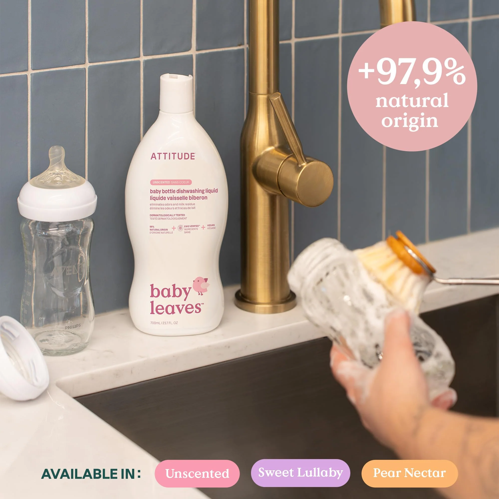 ATTITUDE Baby Bottle & Dish Soap, EWG Verified Bottle Cleaner, Dye Free, Removes Milk Residue & Grease, Vegan, Sweet Lullaby, 23.7 Fl Oz - Image 3
