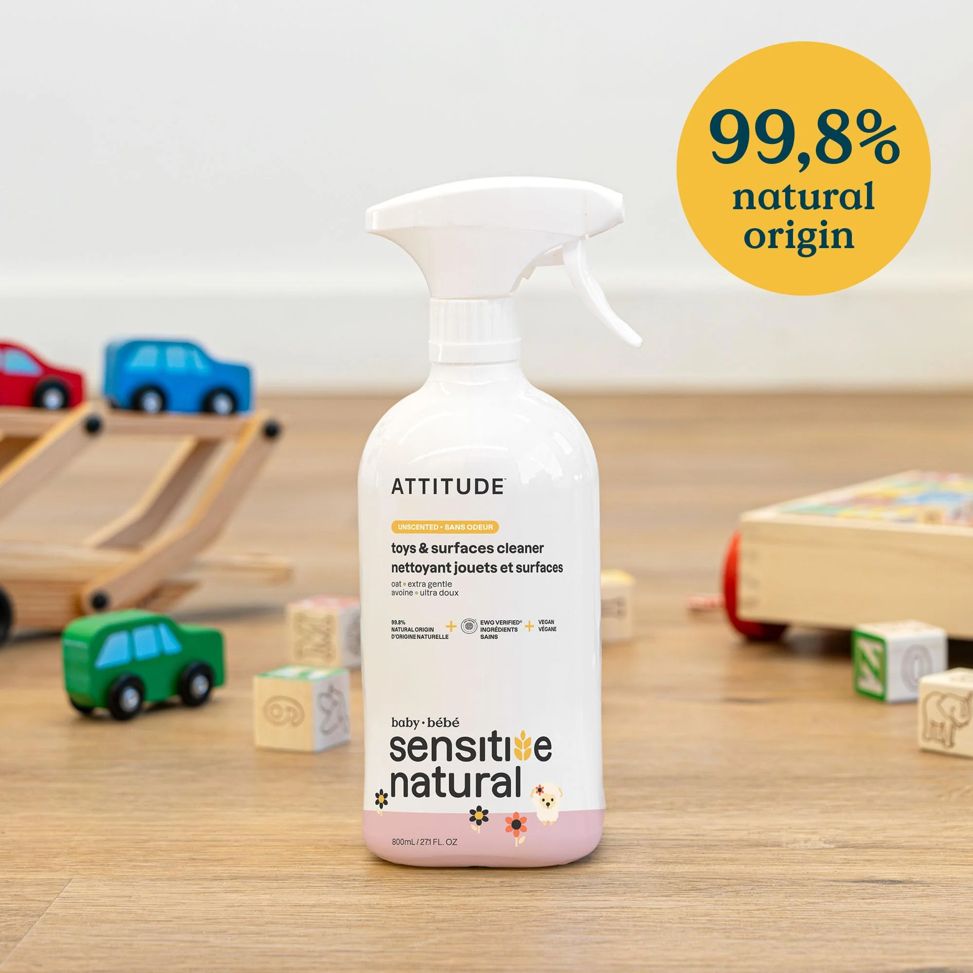 ATTITUDE Baby & Kids Toy Cleaner Spray for Sensitive Skin, EWG Verified, Multi-Surface Cleaner for Toys, High Chairs & Play Areas, Naturally Derived, Vegan, Unscented, 27.1 Fl Oz (Pack of 6) - Image 6