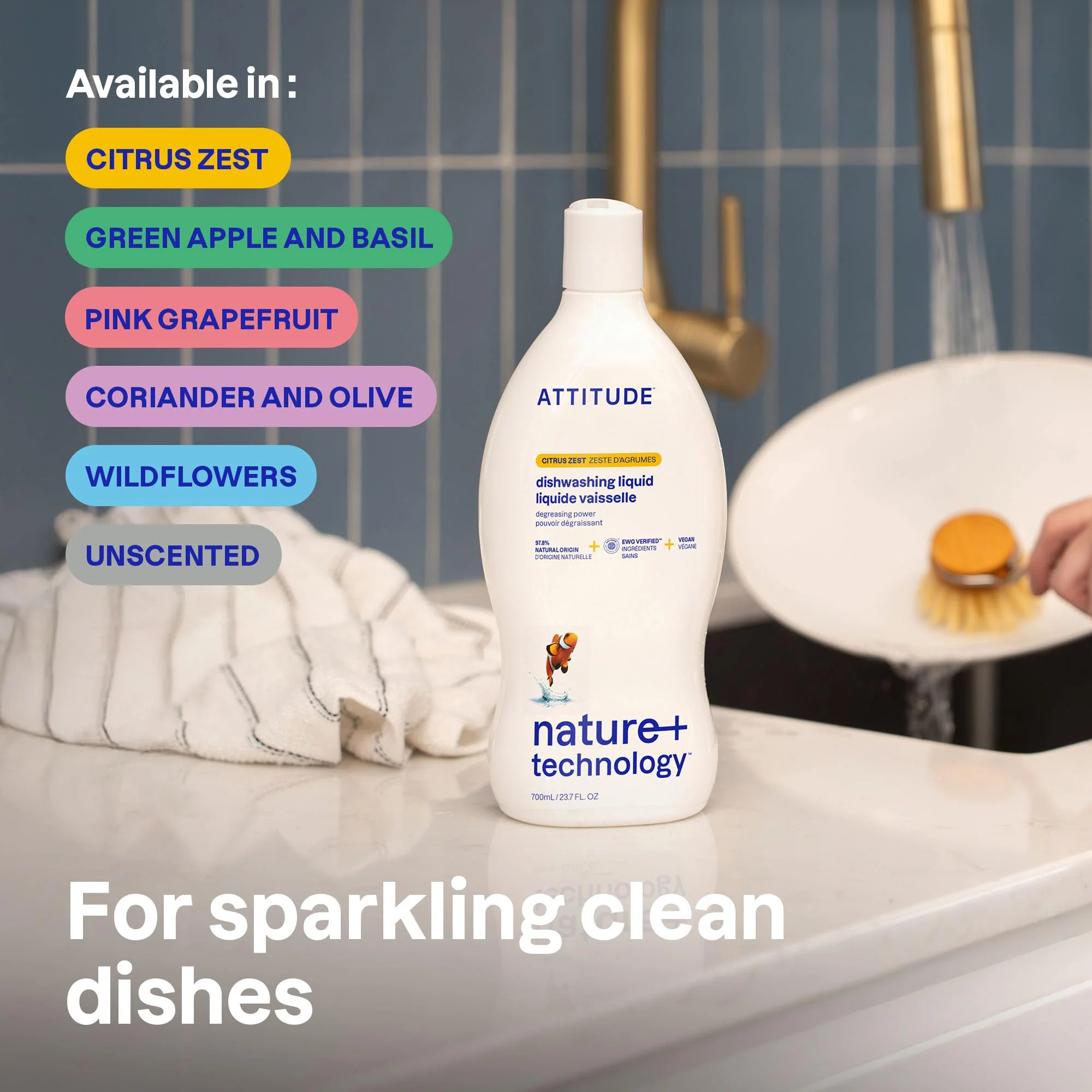 ATTITUDE Dish Soap, EWG Verified, Plant-Based & Vegan Dishwashing Liquid, Naturally Derived, Citrus Zest, 23.7 Fl Oz - Image 2