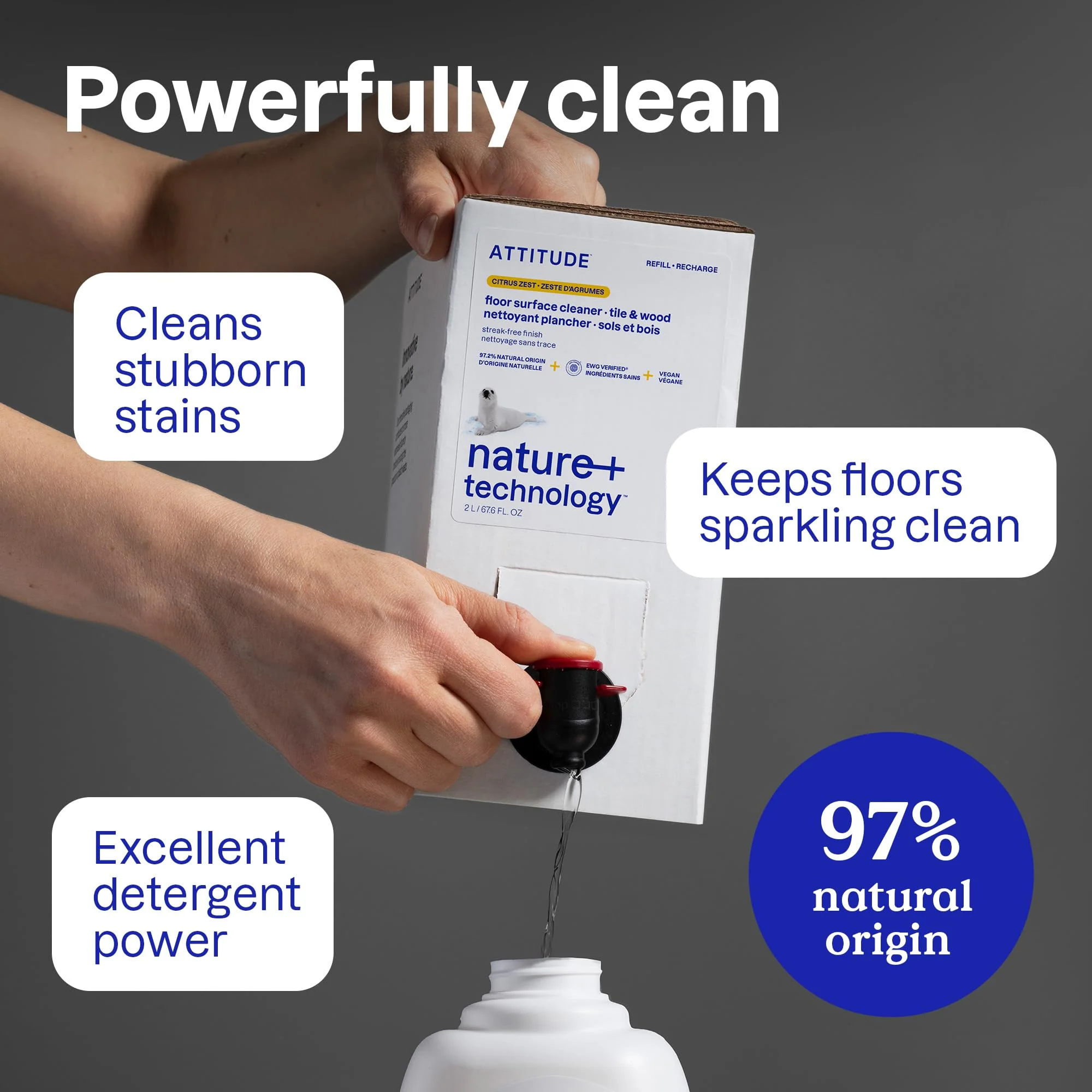 ATTITUDE Floor Cleaner Refill, EWG Verified, Streak-Free, Vegan & Plant-Based for Tile, Wood & Laminate Floors, Citrus Zest Scent, 67.6 Fl Oz - Image 7