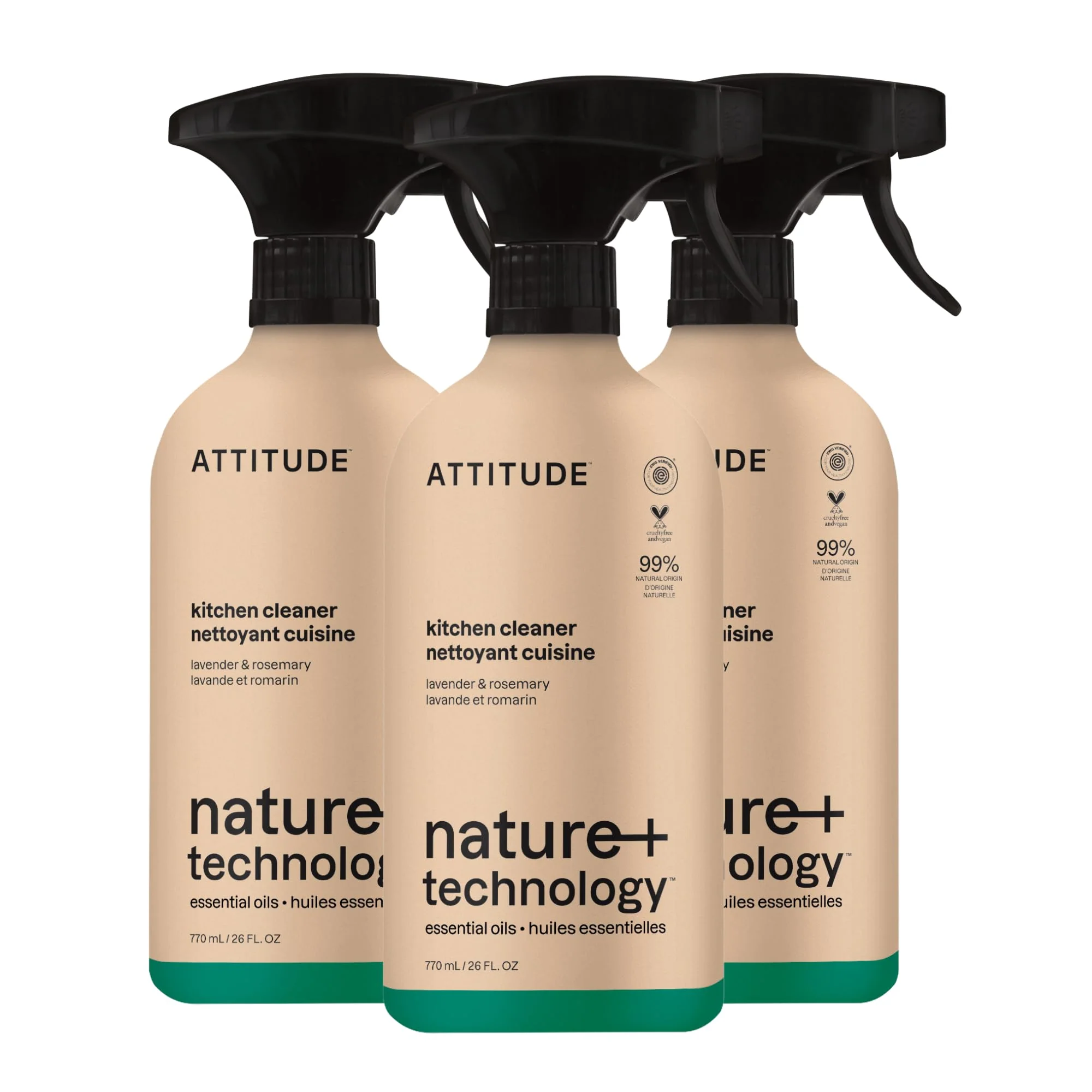 ATTITUDE Kitchen Cleaner Spray, EWG Verified, Degreaser Spray to Cut Grease & Grime, Plant-Based & Vegan, Lavender & Rosemary, 26 Fl Oz (Pack of 3)
