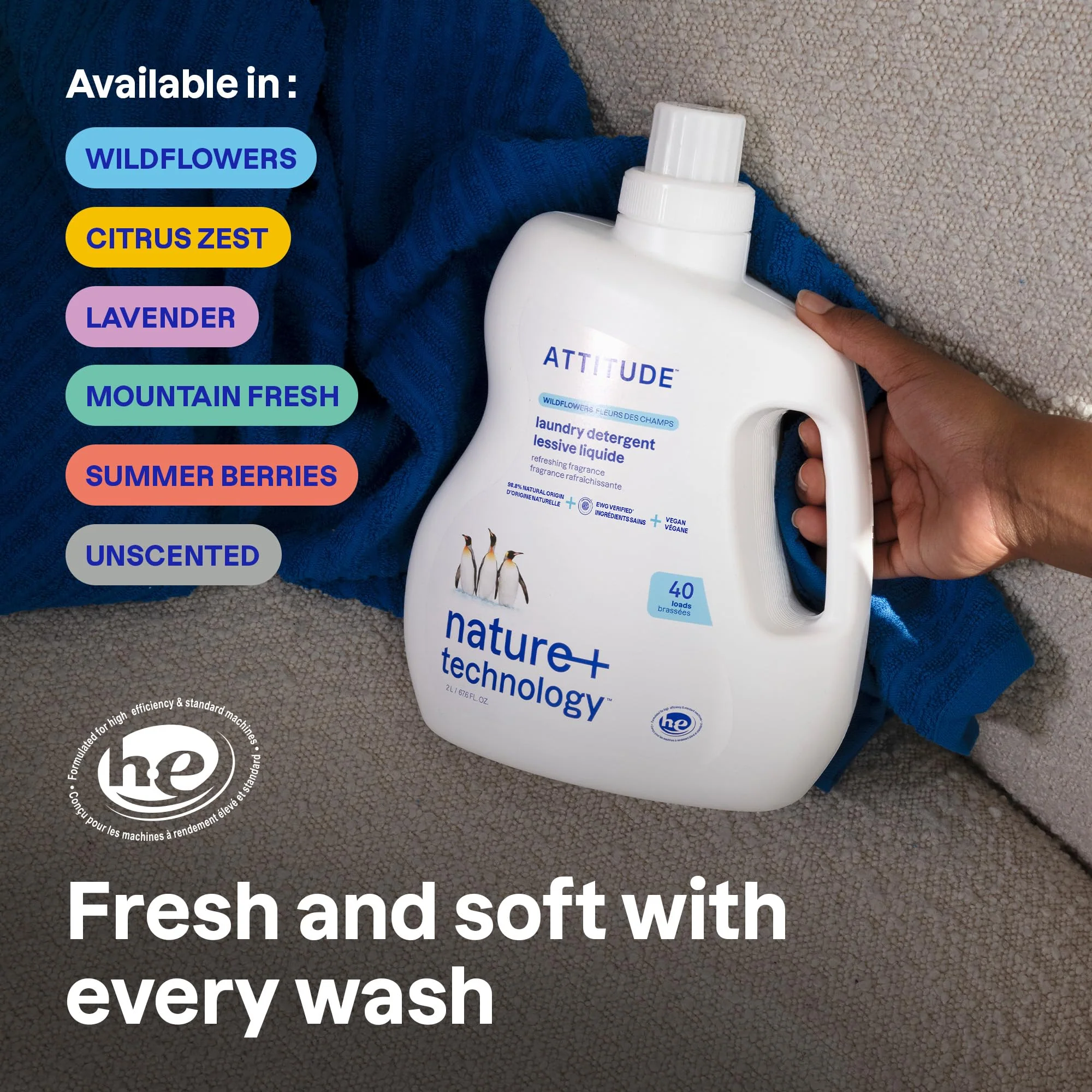 ATTITUDE Liquid Laundry Detergent, EWG Verified, HE Compatible, Plant-Based & Vegan, Natural Laundry Soap, Wildflowers Scent, 40 Loads, 67.6 Fl Oz - Image 2
