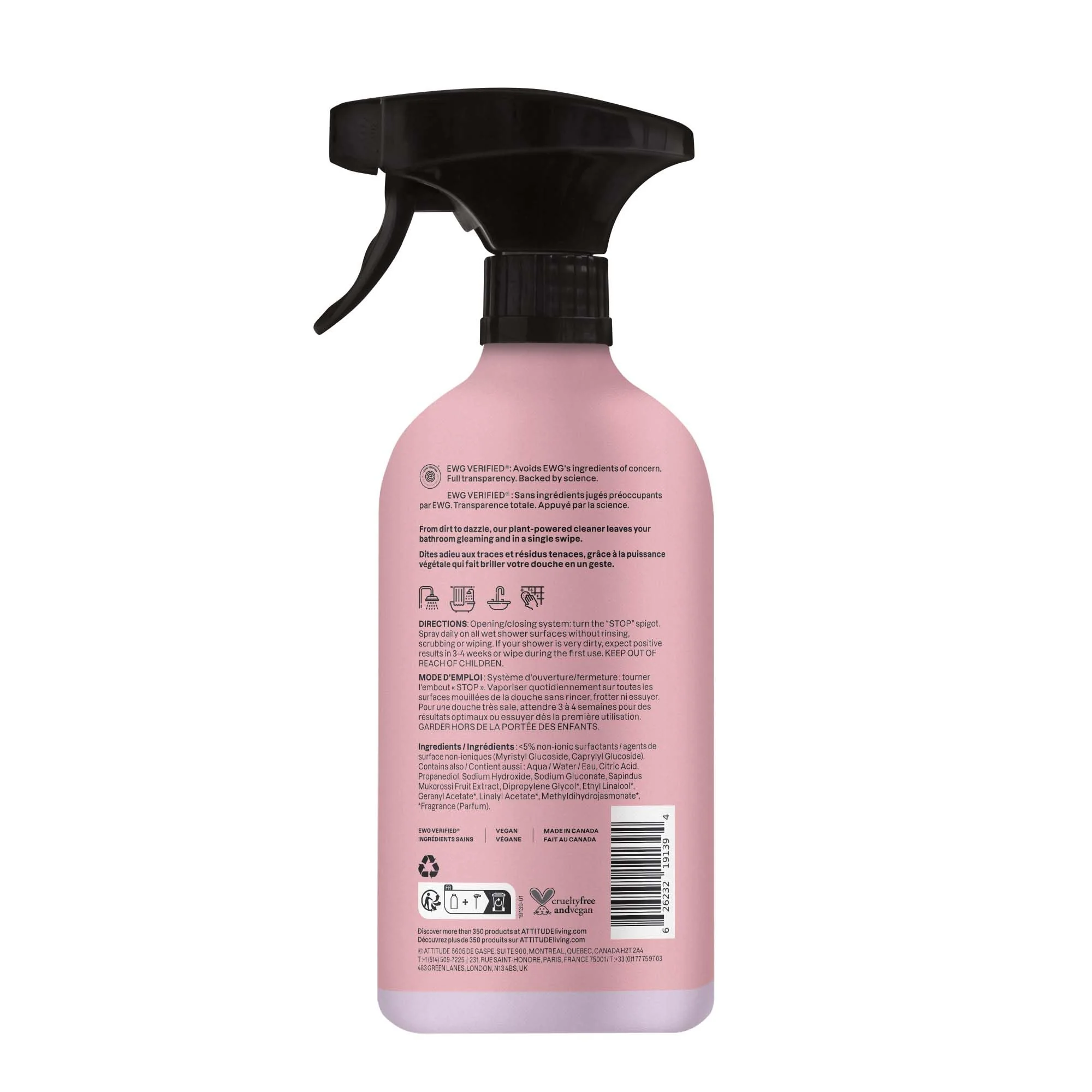 ATTITUDE Shower & Tile Cleaner Spray, EWG Verified, Bathroom Cleaner Removes Soap Scum & Grime, Plant-Based & Vegan, Lemon & Rosewood Scent, 26 Fl Oz (Pack of 3) - Image 2