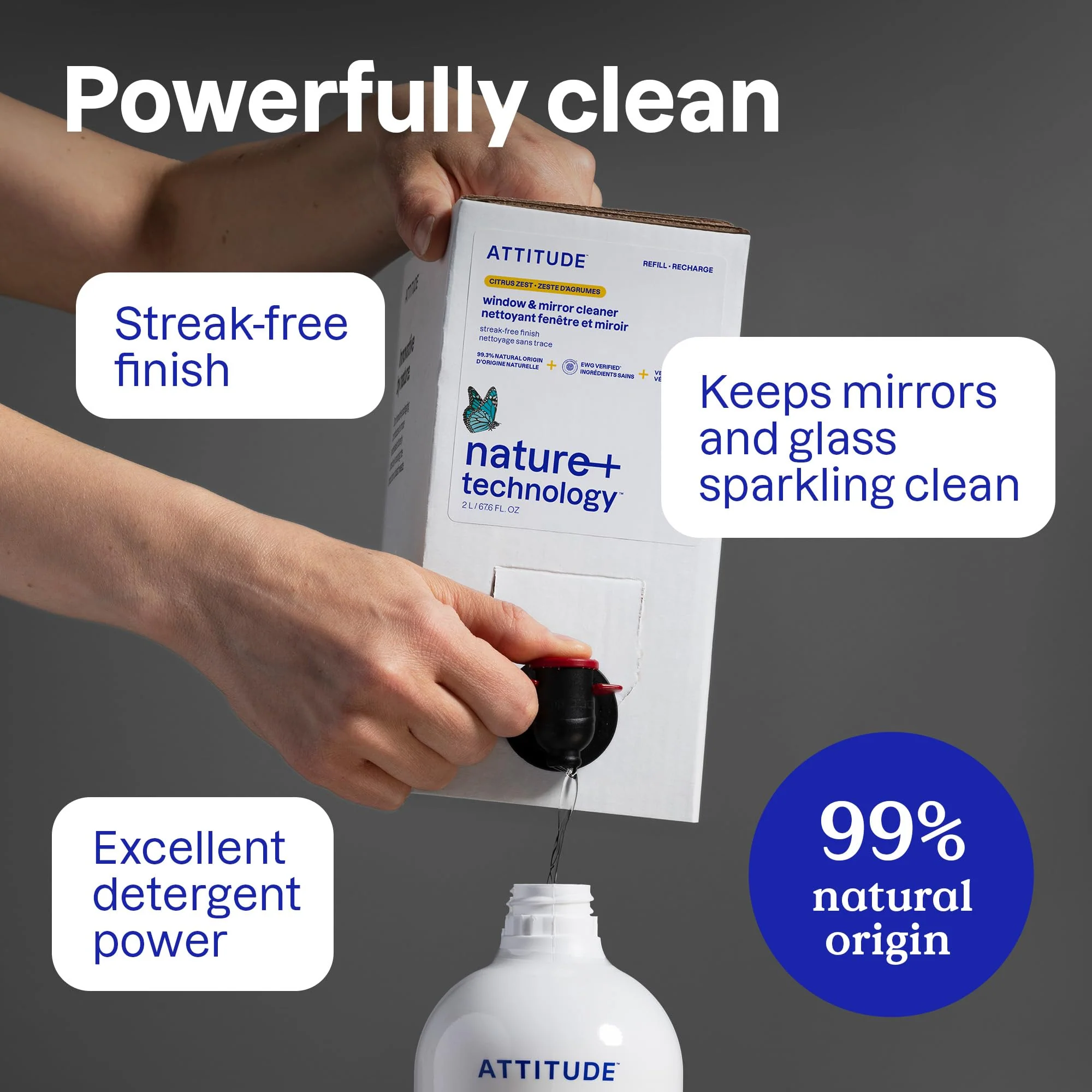 ATTITUDE Window & Mirror Cleaner Refill, EWG Verified, Plant- & Mineral-Based, Vegan & Streak-Free Glass Spray, Citrus Zest Scent, 67.6 Fl Oz - Image 7