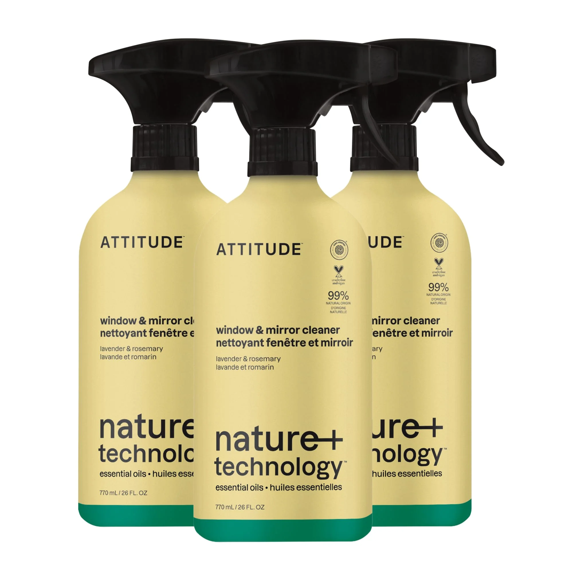 ATTITUDE Window & Mirror Cleaner Spray, Plant-Based Ingredients, EWG Verified, Streak Free, Removes Fingerprints, Dust and Dirt, Lavender & Rosemary, 26 Fl Oz (Pack of 3)