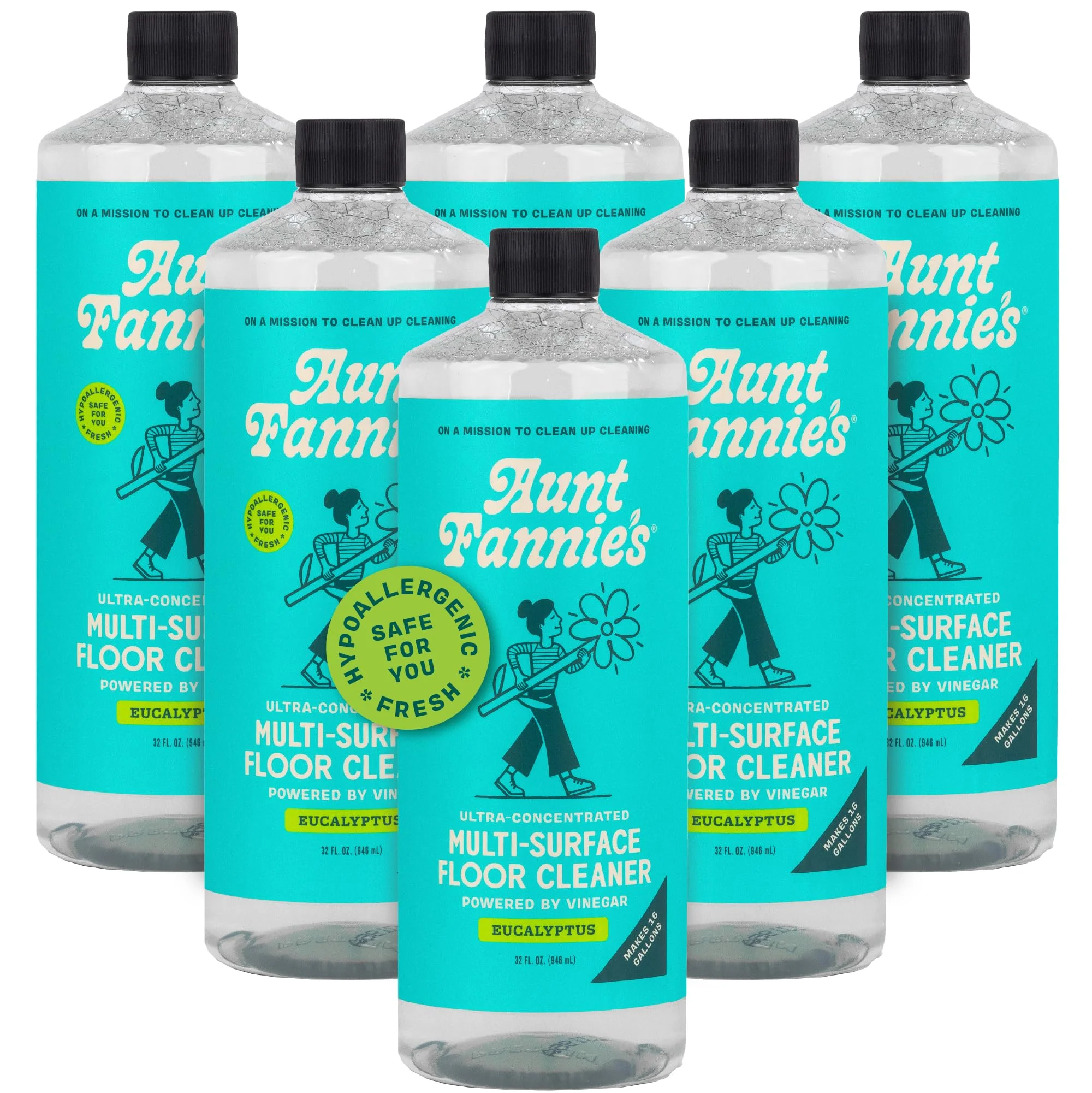 Aunt Fannie's Ultra Concentrated Floor Cleaner Vinegar Wash, Multi-Surface Solution For Mopping, Makes 16 Gallons, Eucalyptus Scent, 32 oz. (Pack of 6)
