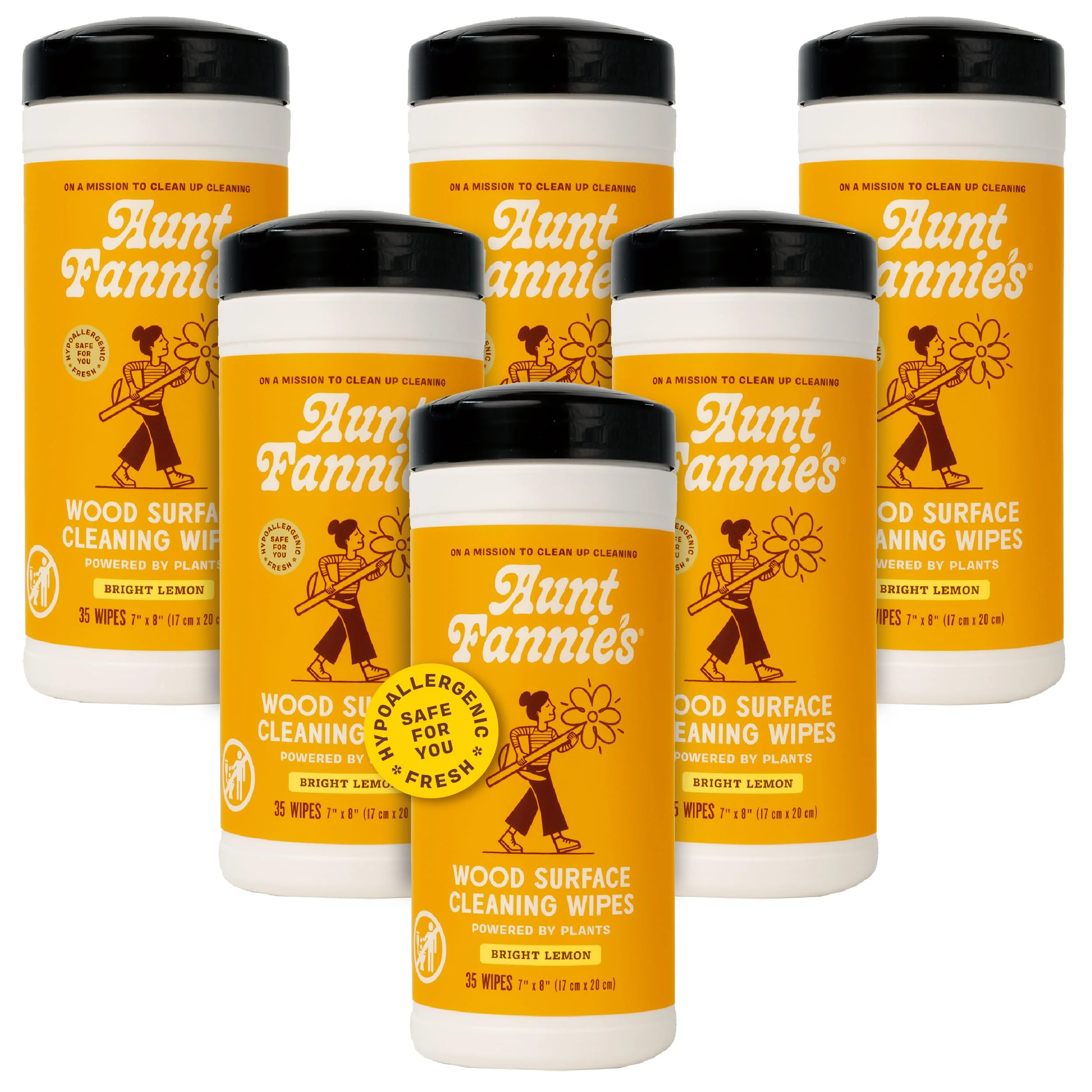 Aunt Fannie's Wood Surface Cleaning Wipes, Multipurpose Wood Surface Cleaner for Cabinets, Furniture, and Floors, Lemon Scent, 35 Count (Pack of 6)