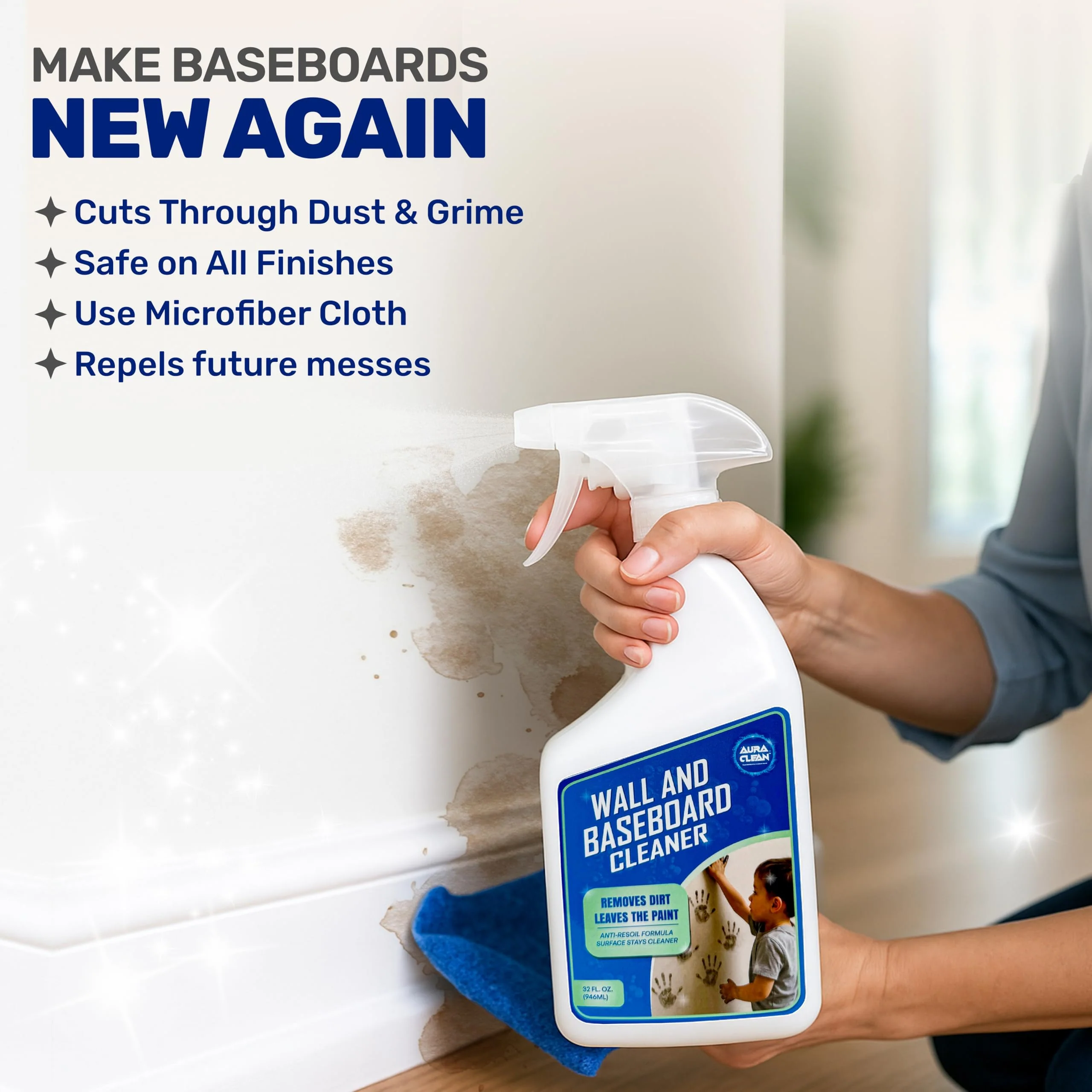 AuraClean Wall & Baseboard Cleaner - Safe for Painted Walls & Trim | Eco-Friendly, No-Rinse, Kid & Pet-Safe | Anti-Resoil, Streak-Free Finish | Made in the USA | 32 oz Spray (1 Quart) - Image 4