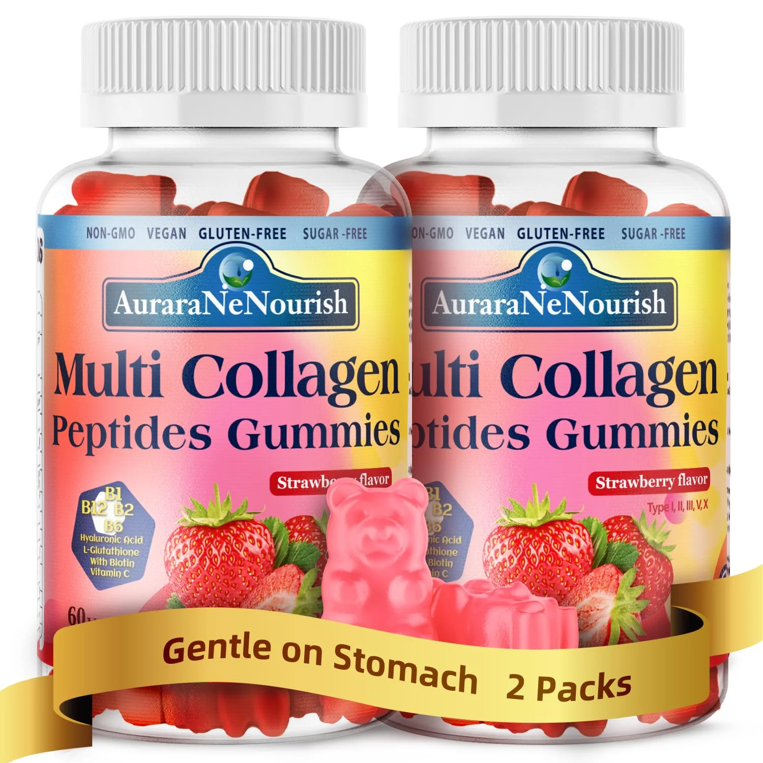 AuraraNeNourish 2 Pack Multi Collagen Peptides Gummies, Sugar Free Hydrolyzed 5000mg Protein丨Type I,II,III,V,X with Biotin Hyaluronic Acid Vitamin C A D B6 B12 for Skin Hair Nail & Joint -Strawberry