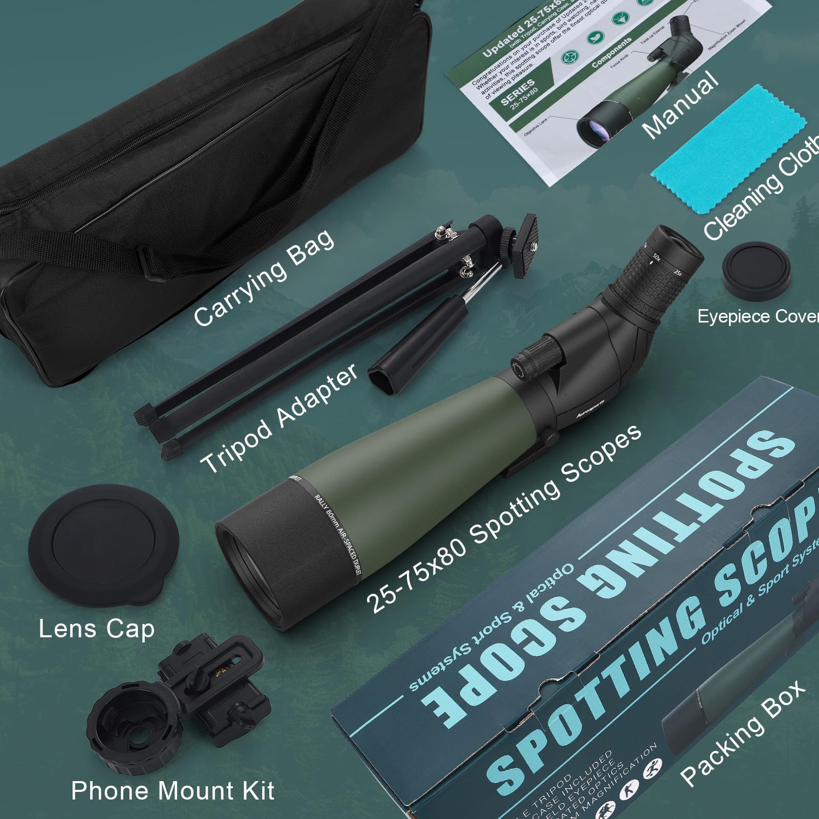 Aurosports 25-75X80 Spotting Scope with Tripod - BAK4 High Definition Waterproof Spotter Scope for Target Shooting Hunting Bird Watching, Scopes with Carrying Bag and Scope Phone Adapter (Green) - Image 2
