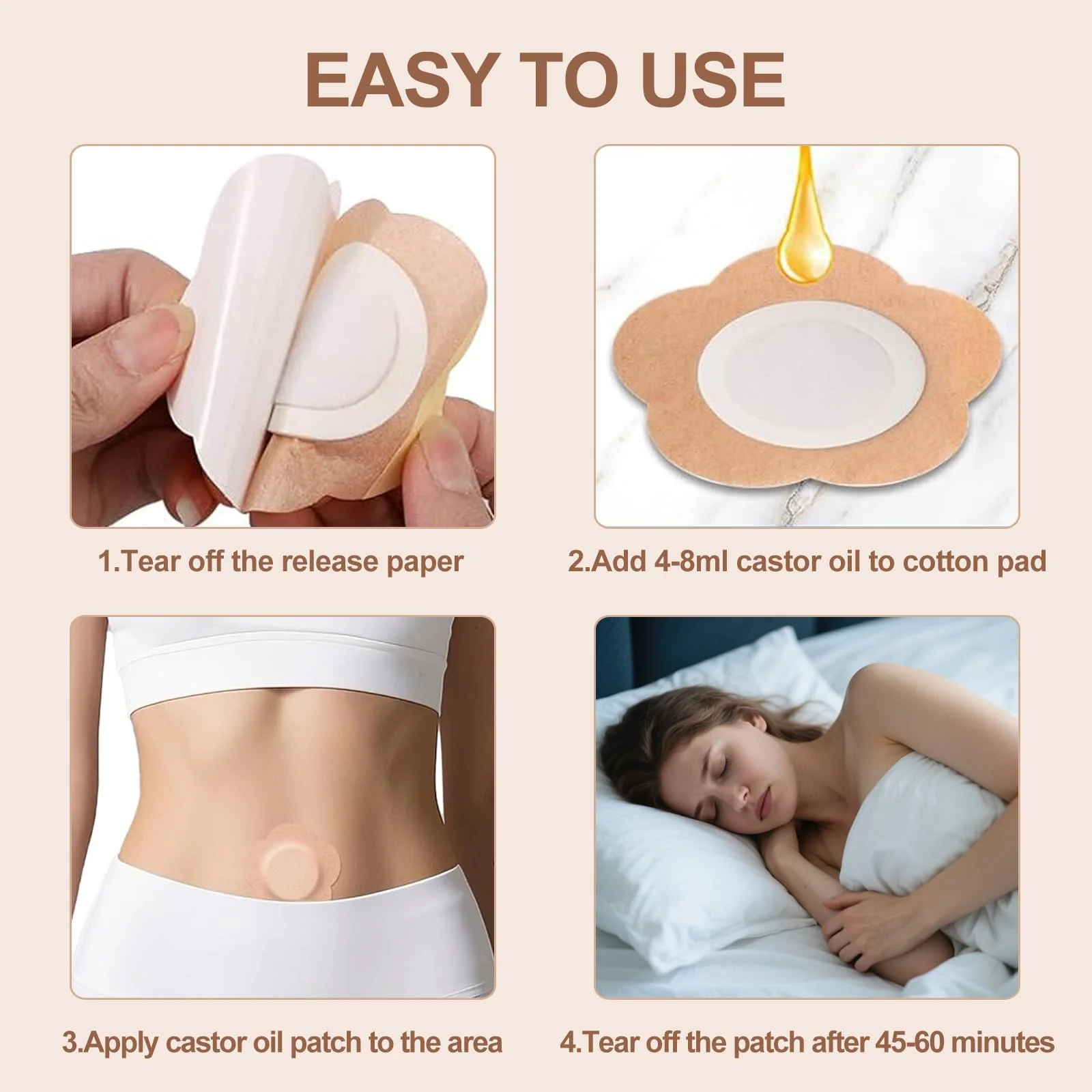 Autdor Castor Oil Patches for Belly Button, 100PCS Castor Oil Pack Wraps Organic Cotton Self-Adhesive Castors Oils Pack Anti Leakage Disposable Pads Portable & Breathable No Wash (Oil Not Included) - Image 7