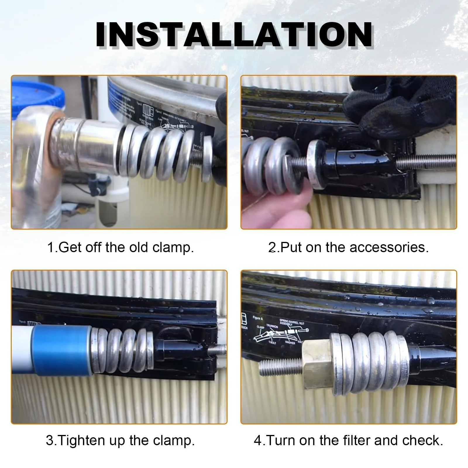 AUTOBABA 190003 Tension Control Clamp Kit Pool and Spa Filter FNS Plus Clean & Clear Plus & Quad DE Filters Steel Pool Filter 23-1/4" Length Black - Image 4