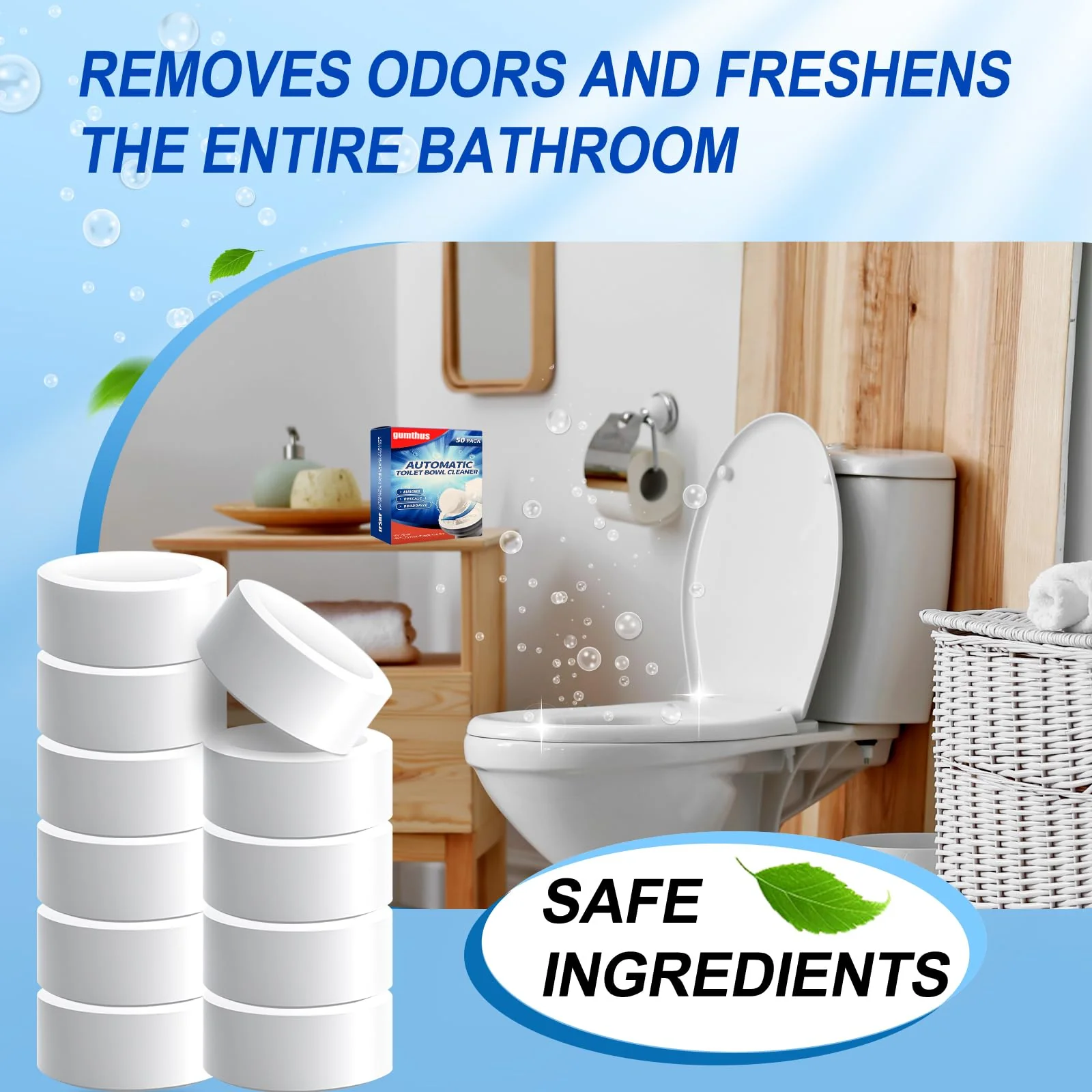 Automatic toilet cleaning tablets,50 packs-bleaching, descaling, deodorizing-water tank drop tablets, fresh smell, safe, for removing stains and scale, recommended for most toilets, cost performance - Image 2