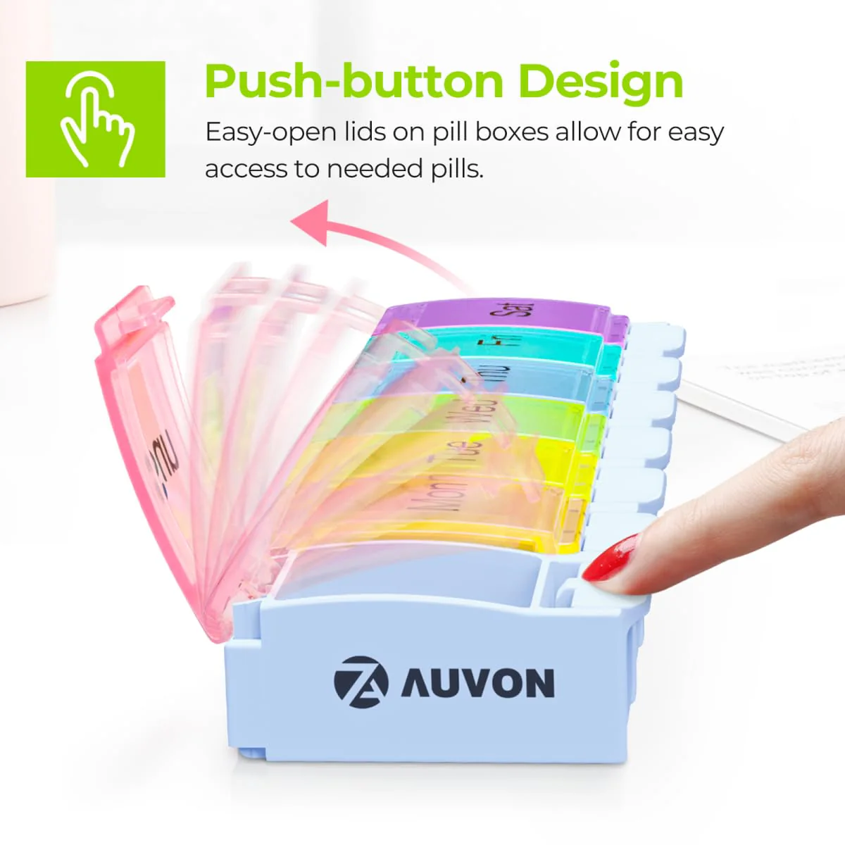 AUVON Weekly Pill Organizer Arthritis Friendly, BPA Free Travel 7 Day Pill Box Case with Spring Open Design and Large Compartment to Hold Vitamins, Cod Liver Oil, Supplements and Medication - Image 2