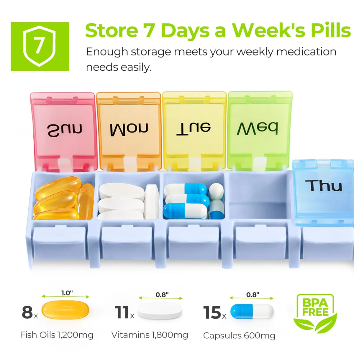 AUVON Weekly Pill Organizer Arthritis Friendly, BPA Free Travel 7 Day Pill Box Case with Spring Open Design and Large Compartment to Hold Vitamins, Cod Liver Oil, Supplements and Medication - Image 3