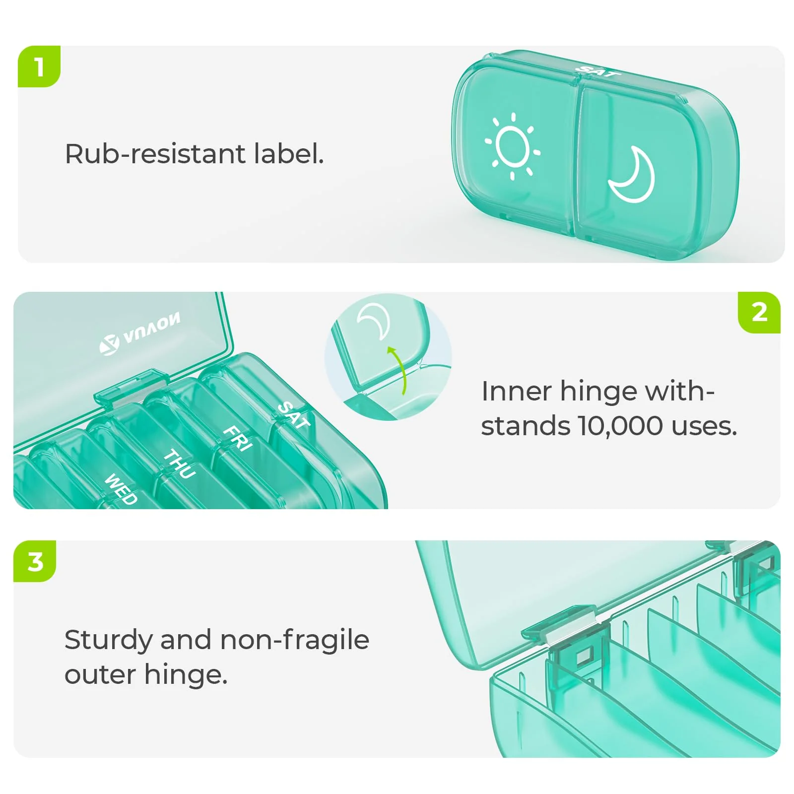 AUVON XL Weekly Pill Organizer 2 Times a Day, Pill Box 7 Day with One-Side Large Openings for Easy to Use, Cyan AM PM Pill Case for Medication, Vitamins, Fish Oils, Supplements - Image 4