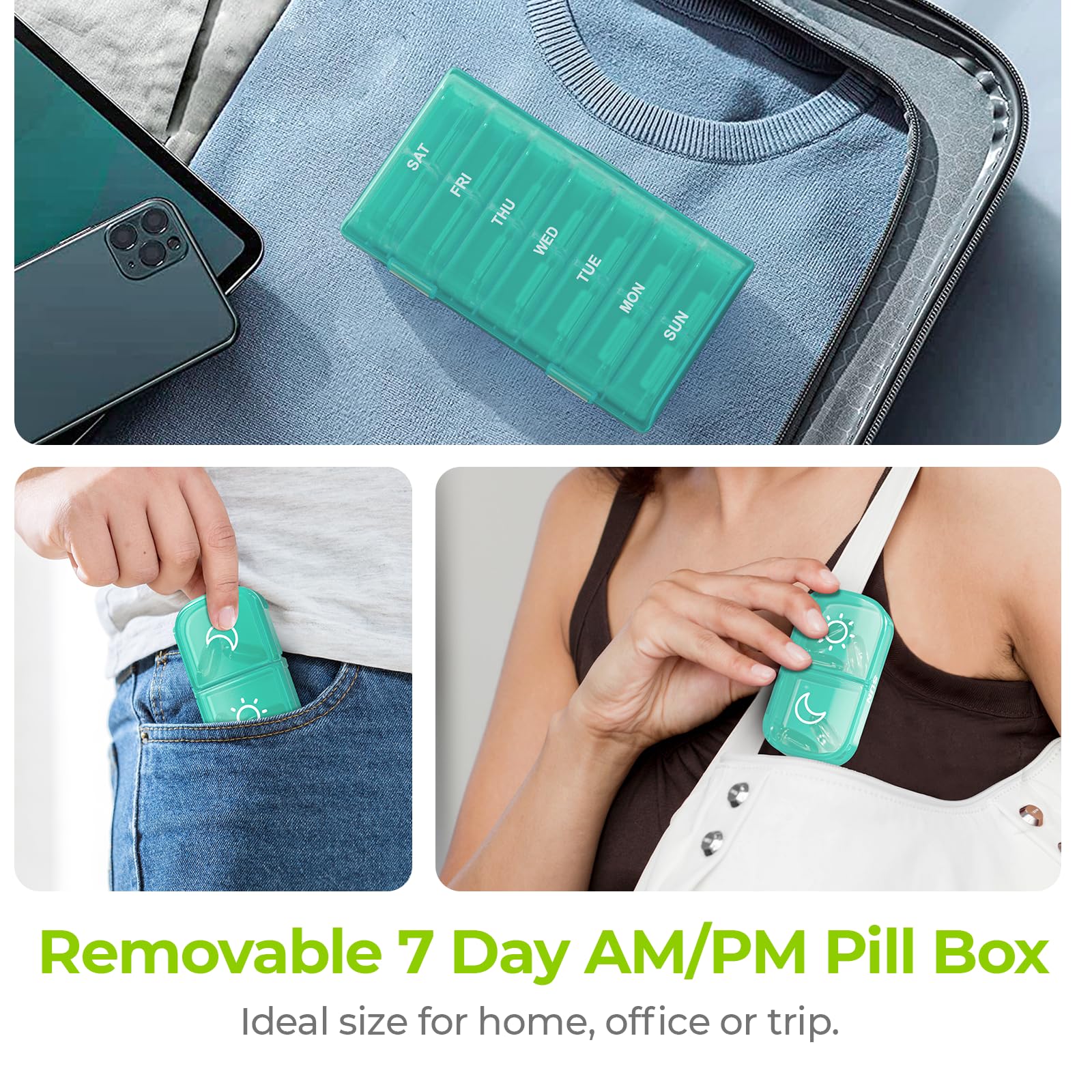 AUVON XL Weekly Pill Organizer 2 Times a Day, Pill Box 7 Day with One-Side Large Openings for Easy to Use, Cyan AM PM Pill Case for Medication, Vitamins, Fish Oils, Supplements - Image 7