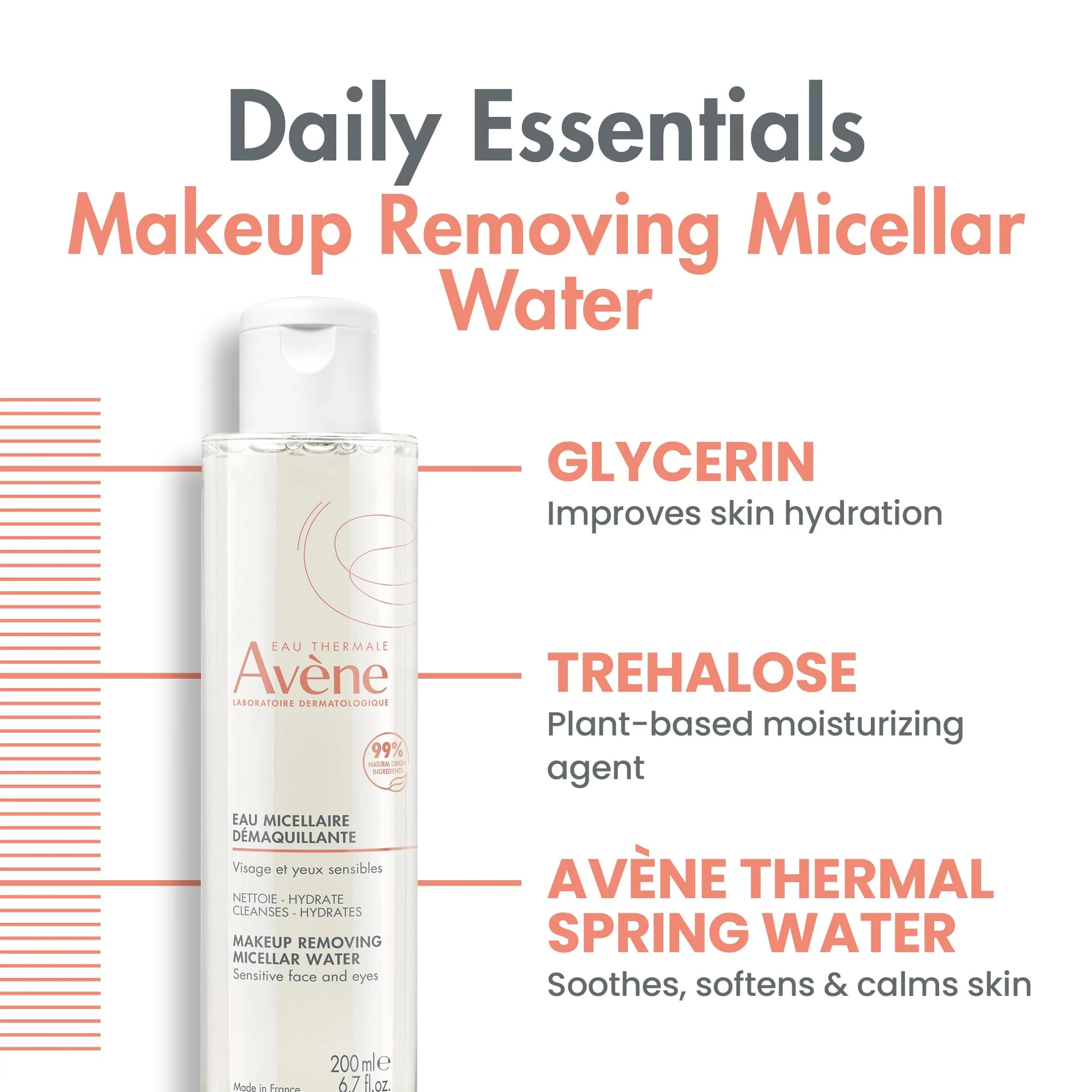 Avène Micellar Lotion Cleansing Water - Soap-Free 3-in-1 Cleanser, Toner, Make-up Remover - All Skin Types - Non-Comedogenic - 6.7 Fl Oz - Image 2