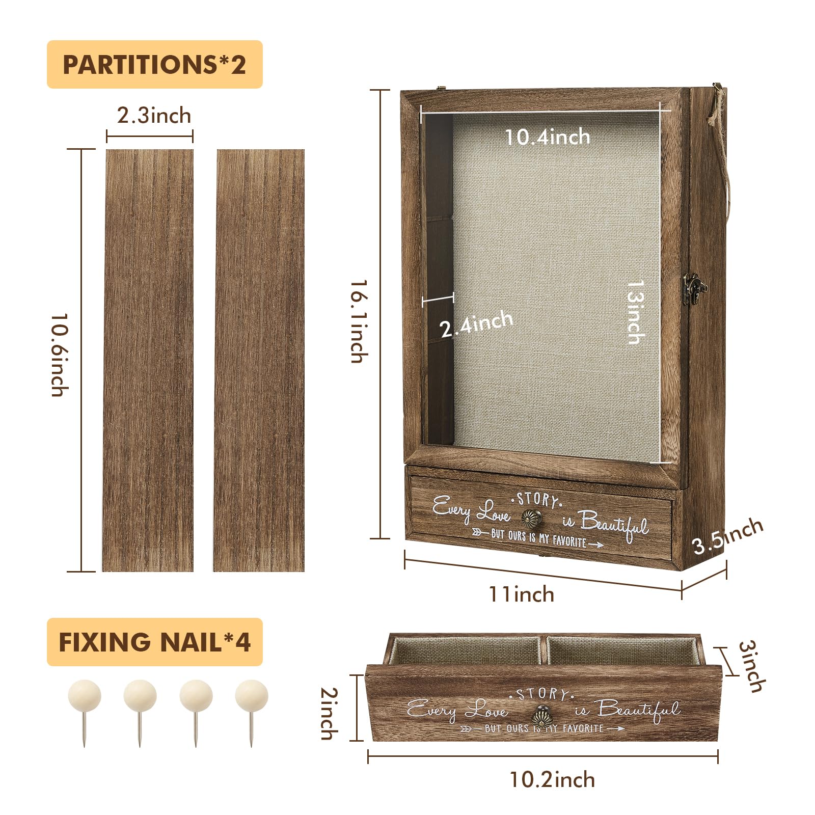 AW BRIDAL 11X16 Large Shadow Box Picture Frames Deep Shadow Boxes Display Cases with Removable Shelves and Drawers, Brown Wooden Memory Boxes for Keepsakes with Slot Christmas Decorations Gifts - Image 4