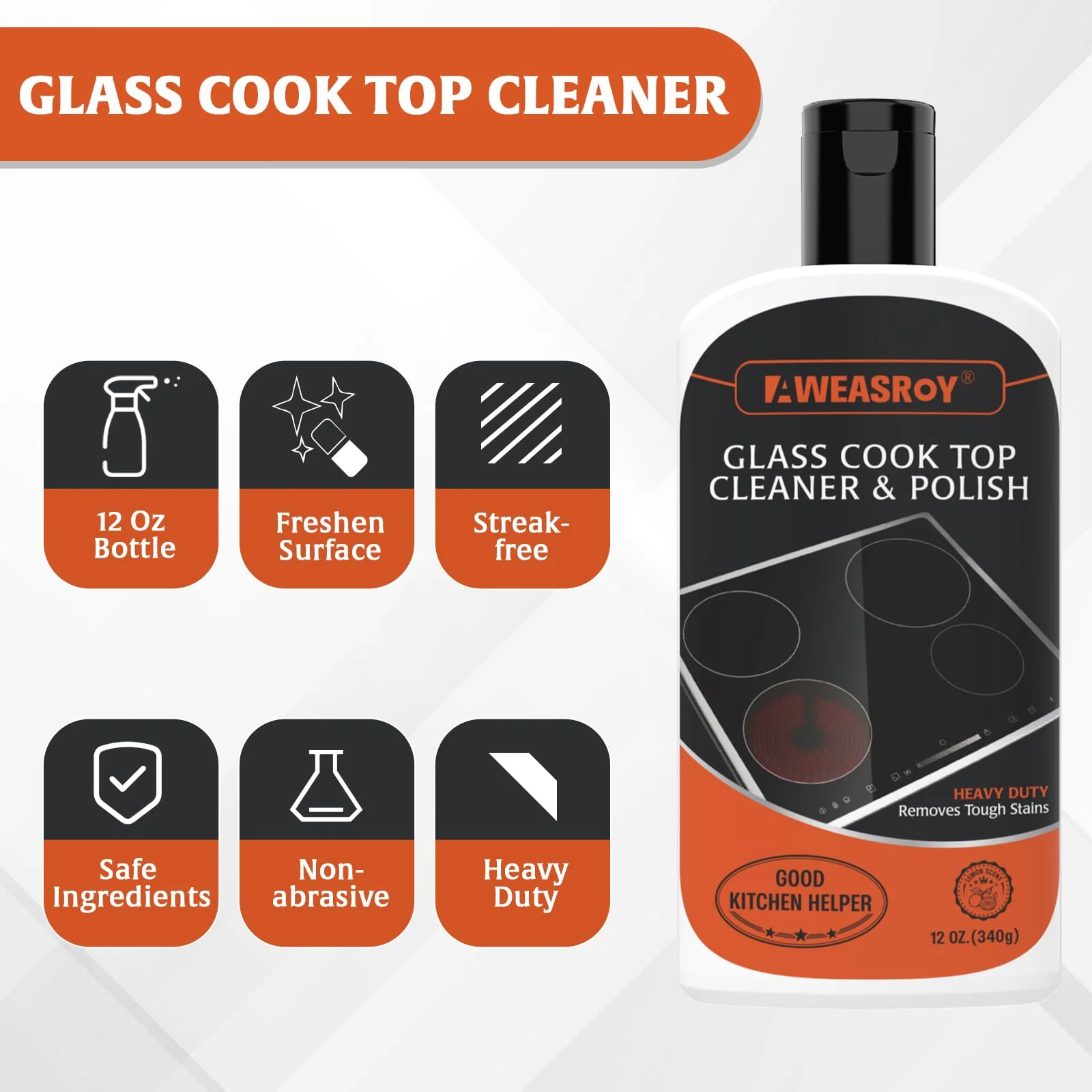 AWEASROY 20pcs Glass Stove Top Cleaner Kit - 12 oz Cooktop Cleaner Polish, Non-Abrasive No Scratch, Removes Tough Stains, Includes Scrubbing Pad, Scraper & Microfiber Cloth for Smooth Glass Surfaces - Image 6