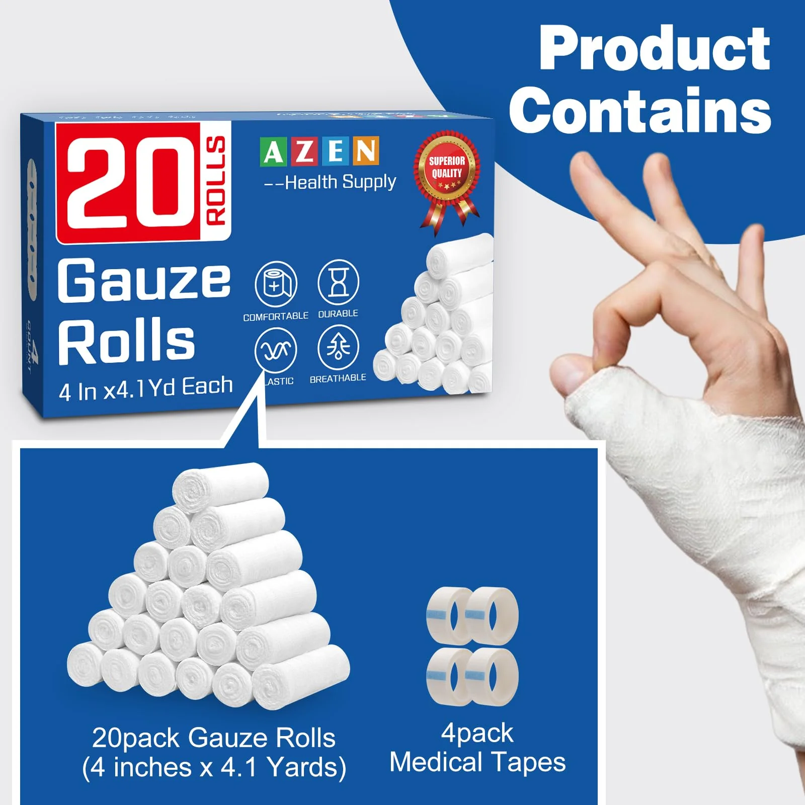 AZEN 20 Pack Gauze Rolls Bandages, 4 in x 4.1 Yards, Premium Medical Supplies & First Aid Supplies, Bandage Wrap Vet Wrap, Mummy Wraps - Image 2