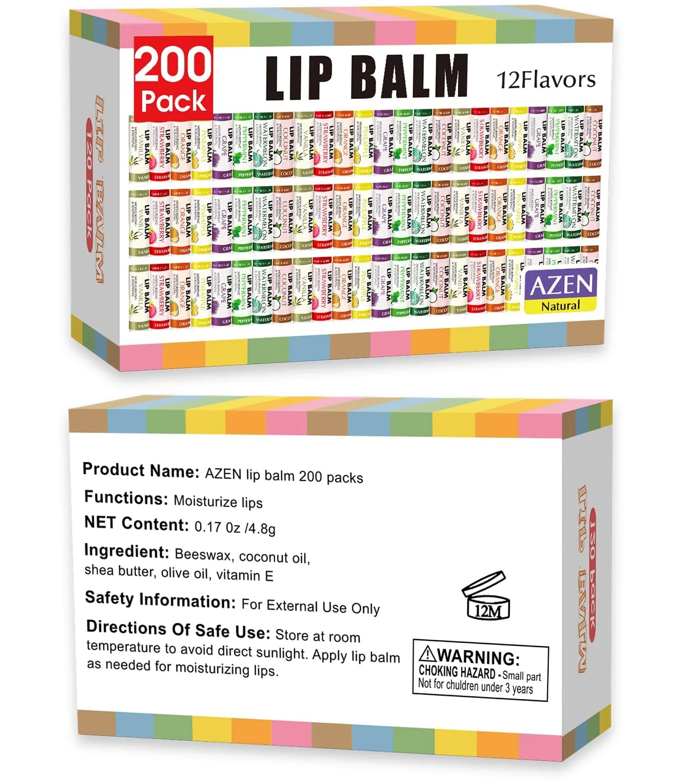 AZEN 200 Pack Lip Balm Bulk, Moisturizing Lip Balms for dry cracked lips, Mothers Day Gifts Easter Basket Stuffers - 12 Flavors
