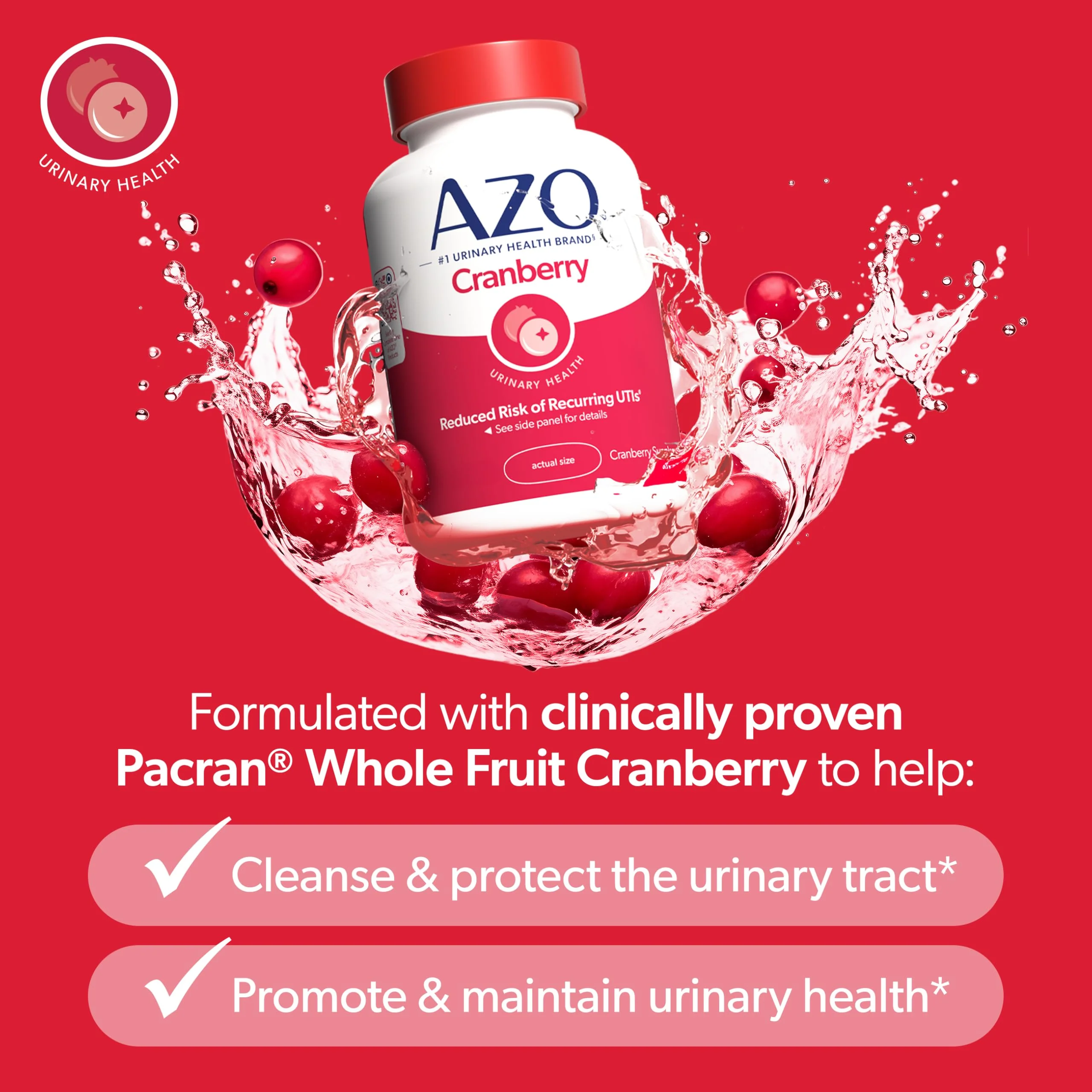 AZO Cranberry Supplement, Made with Concentrated Whole Fruit Cranberry Powder to Help Cleanse and Protect the Urinary Tract*, Sugar Free Cranberry Pills, Non-GMO, 100 Softgels - Image 3