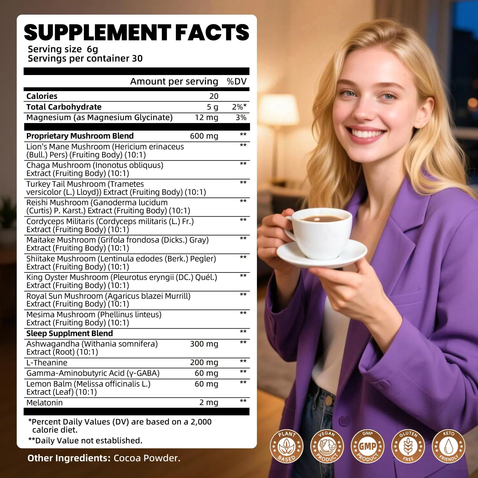 B BEWORTHS Mushroom Hot Cocoa, 10 - Blend Mushroom Extract Complex with Sleep Support Formula, Ashwagandha, L-Theanine, Lemon Balm, GABA, Melatonin, Support Fall Asleep and Stay Asleep, 30 Servings - Image 3