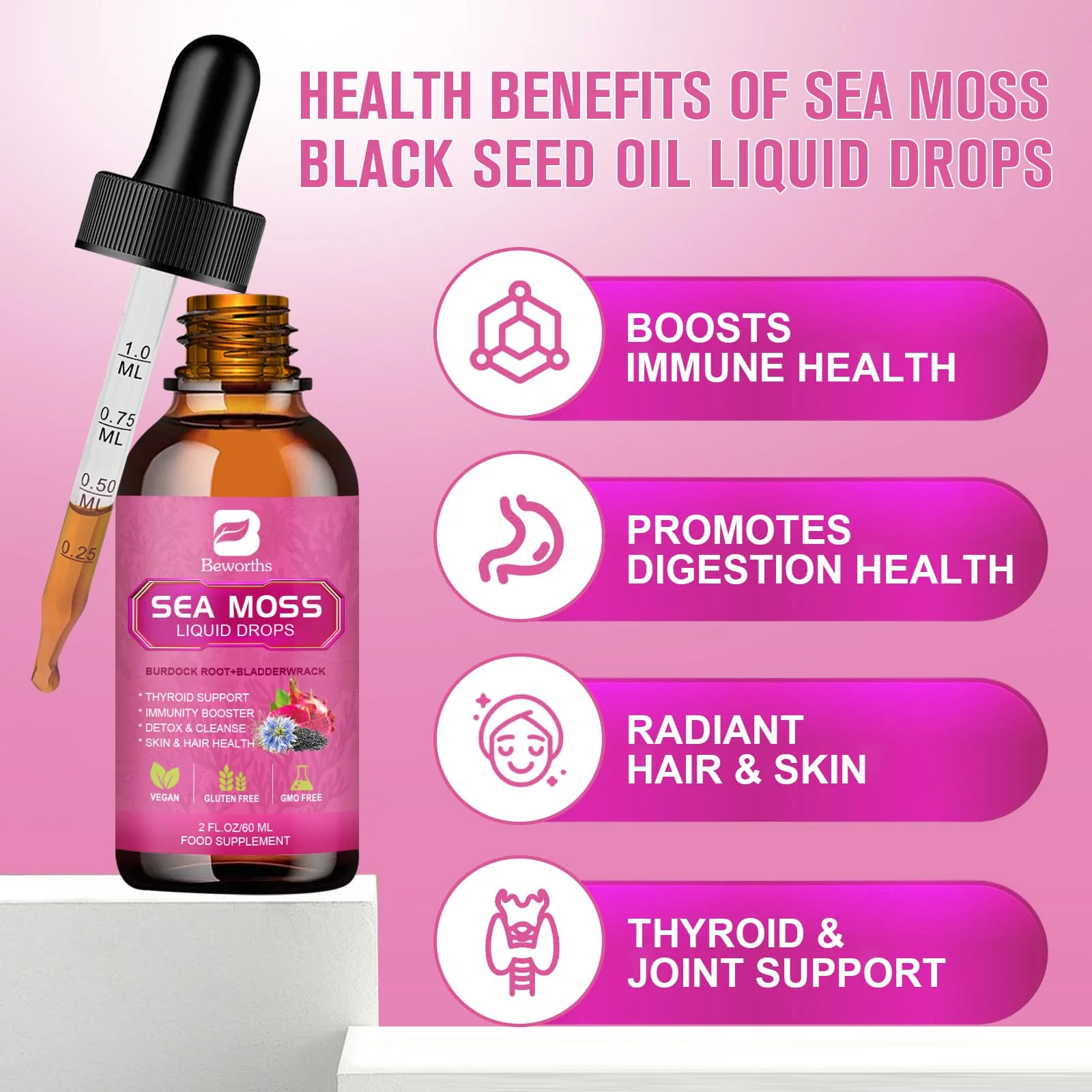 B BEWORTHS Sea Moss Liquid Drops - Black Seed Oil & Irish Sea Moss Gel with Burdock Root Bladderwrack, Elderberry, Spirulina, Seamoss Supplement for Energy Booster, Digestive Health - 4 Fl Oz, Vegan - Image 5