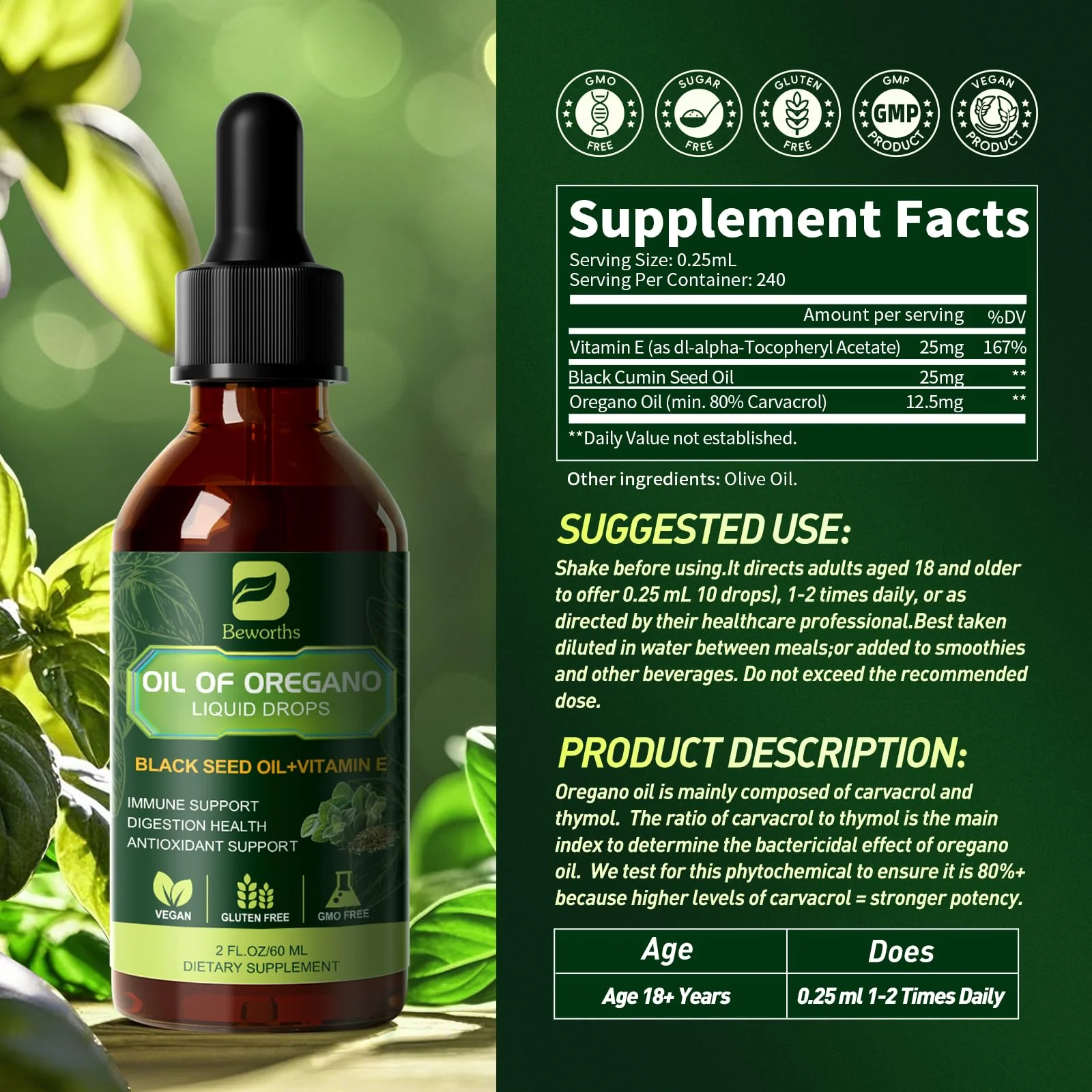 B BEWOTHS Organic Oregano Oil Drops | Oil of Oregano with Black Seed Oil, Vitamin E, 80% Carvacrol Oregano Drops for Immune, Antioxidant, Gut Detox Cleanser Support - Non-GMO, Vegan (240-day Supply) - Image 3