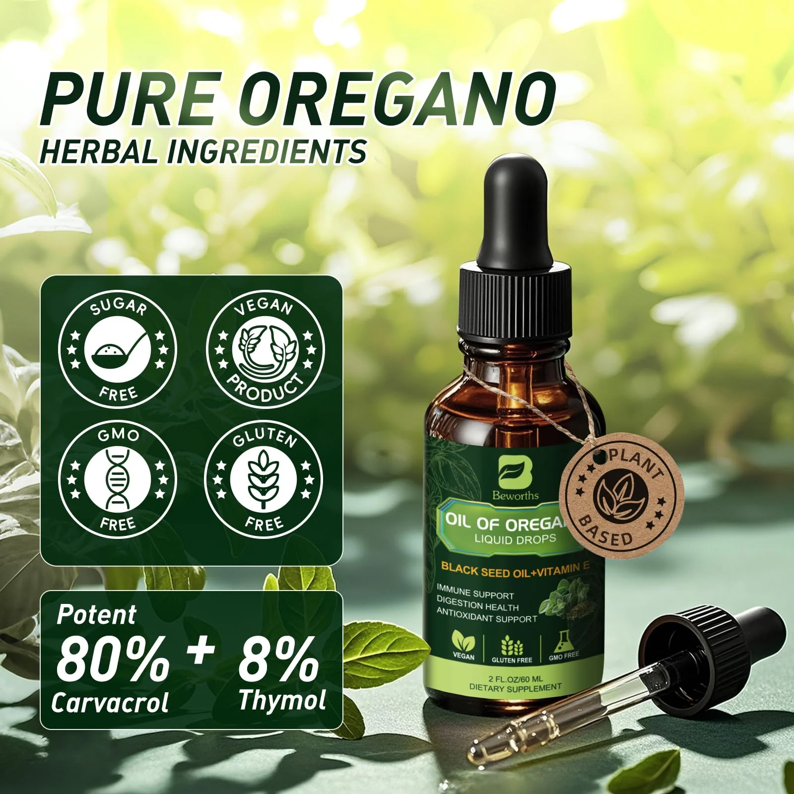 B BEWOTHS Organic Oregano Oil Drops | Oil of Oregano with Black Seed Oil, Vitamin E, 80% Carvacrol Oregano Drops for Immune, Antioxidant, Gut Detox Cleanser Support - Non-GMO, Vegan (240-day Supply) - Image 4
