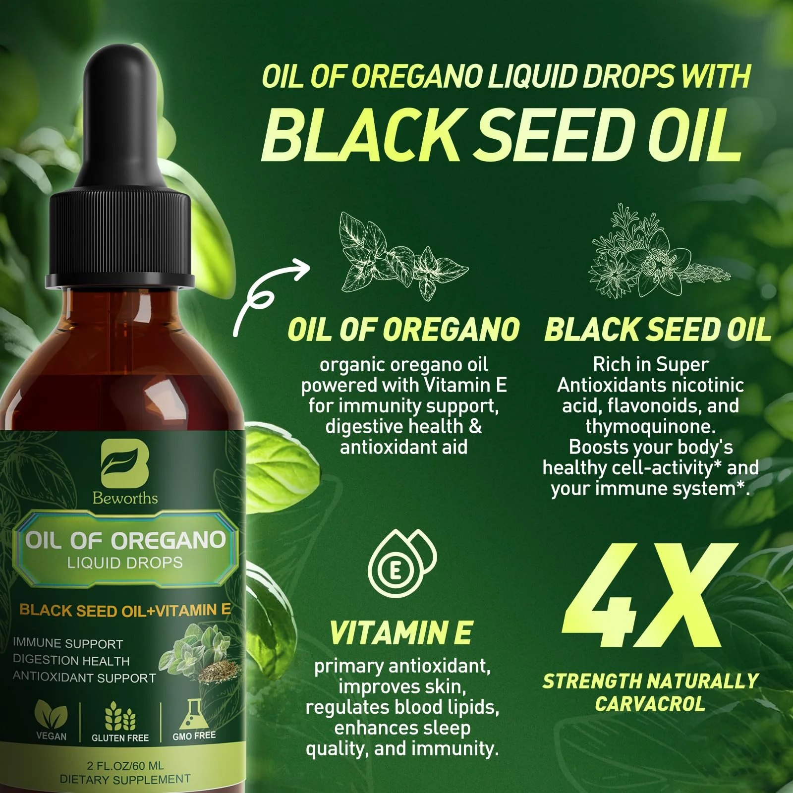 B BEWOTHS Organic Oregano Oil Drops | Oil of Oregano with Black Seed Oil, Vitamin E, 80% Carvacrol Oregano Drops for Immune, Antioxidant, Gut Detox Cleanser Support - Non-GMO, Vegan (240-day Supply) - Image 6