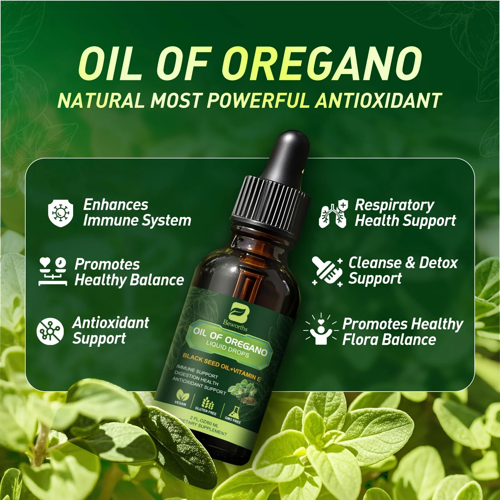 B BEWOTHS Organic Oregano Oil Drops | Oil of Oregano with Black Seed Oil, Vitamin E, 80% Carvacrol Oregano Drops for Immune, Antioxidant, Gut Detox Cleanser Support - Non-GMO, Vegan (240-day Supply) - Image 7