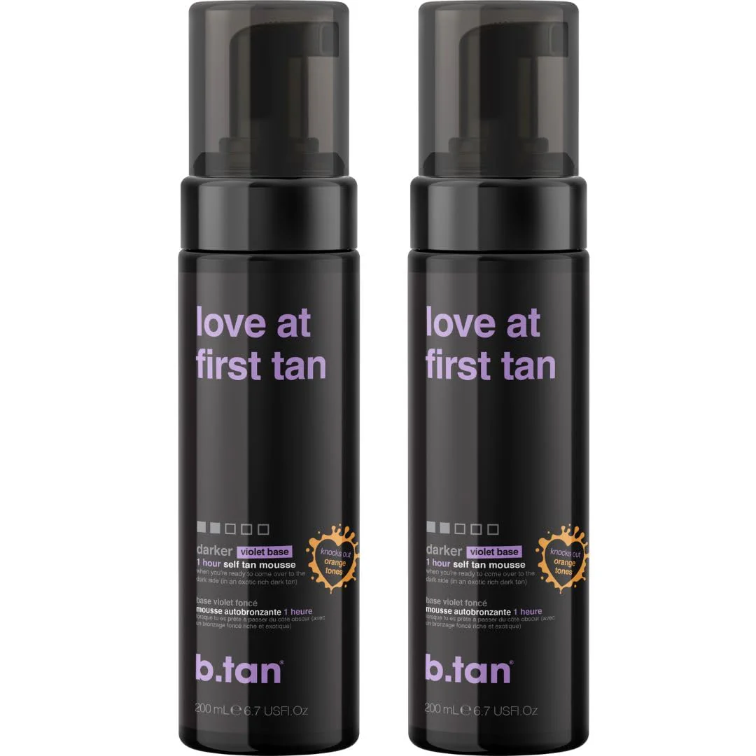 b.tan Violet Self Tanner Mousse Bundle | Love At First Tan - Best, 1 Hour Express Sunless Tanning Foam, Cancels Orange Tones, Dark Bronzing Glow, No Fake Tan Smell, Face & Body, 6.7 Fl Oz, Pack of 2