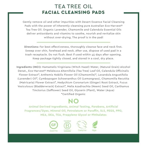 Desert Essence Tea Tree Oil Facial Cleansing Pads - Makeup Remover, Facial Cleanser & Toner with Organic Lavender & Chamomile - Travel-Friendly Personal Wipes for Clarifying Skin Care - 50 Pads - Image 4