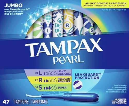 Tampax Pearl Plastic Tampons, Mutlipack, Light/Regular/Super Absorbency, Unscented, 47 Count (Packaging May Vary) - Image 2